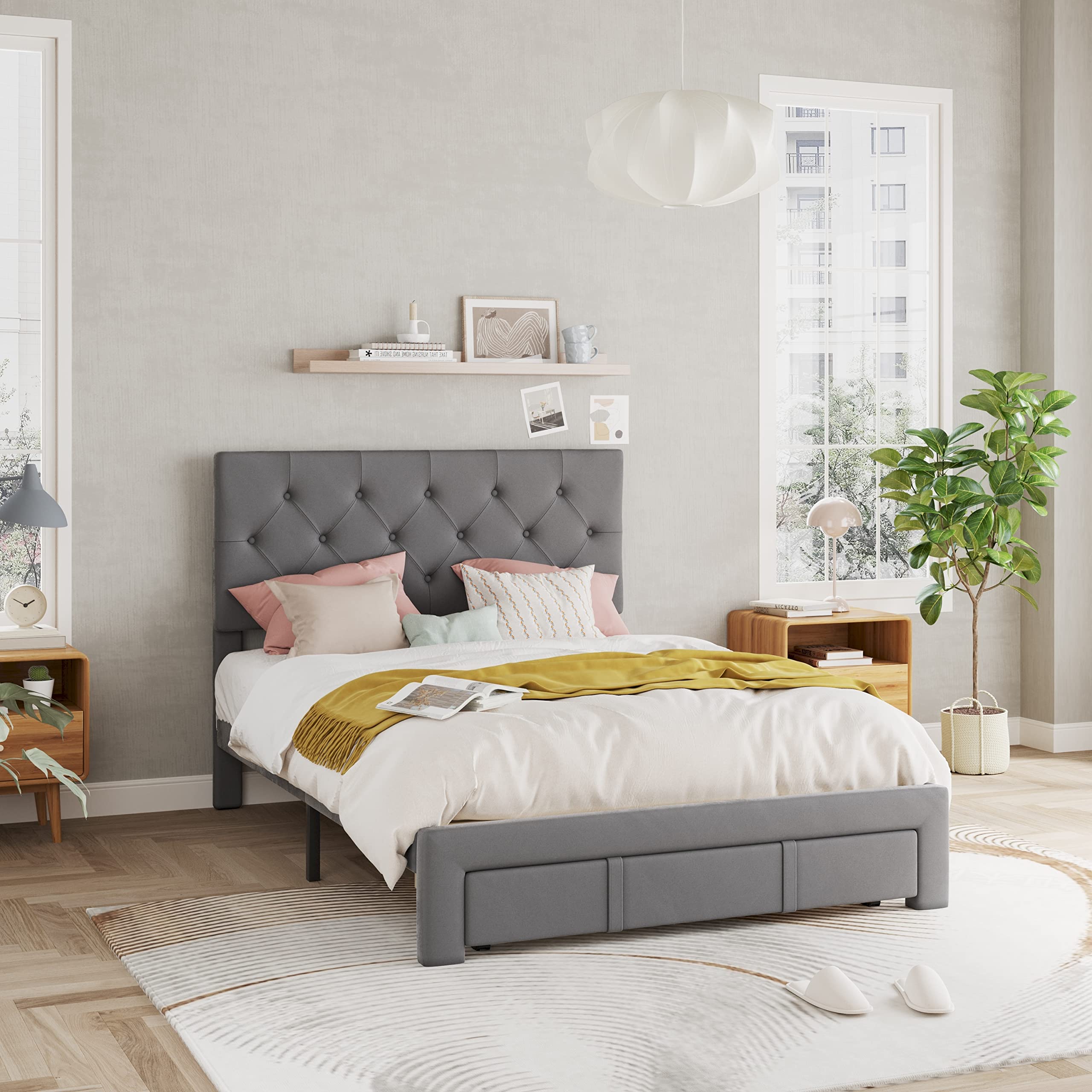 Velvet Upholstered Platform Bed with Storage Drawers - Full Size, Grey - Modern Bedroom Furniture for Small Spaces & Guest Rooms