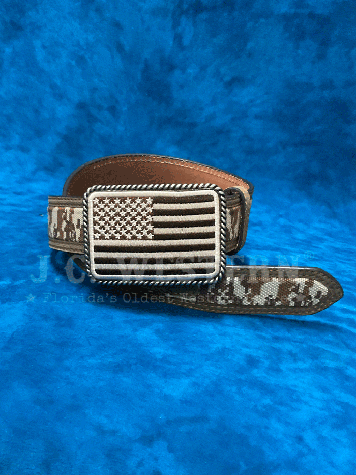 Ariat A1030844 Men's Digital Camo Belt with USA Flag Buckle - Medium Brown | Durable Western Belt for Casual & Work Wear | Perfect for Outdoor, Hunting & Patriotic Events