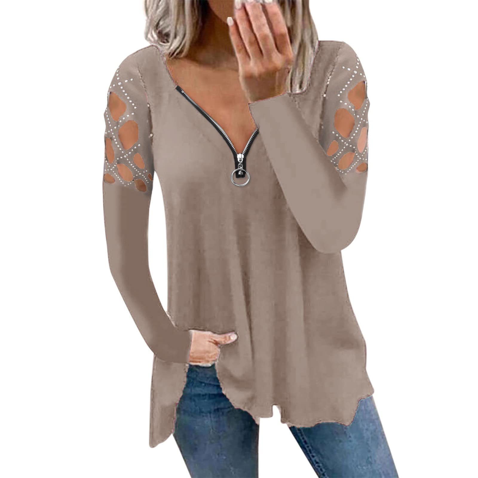 Plus Size Women's White Summer Blouse - Hollow Out Short Sleeve Rhinestone V-Neck Tunic Top for Casual Wear & Office Outfits
