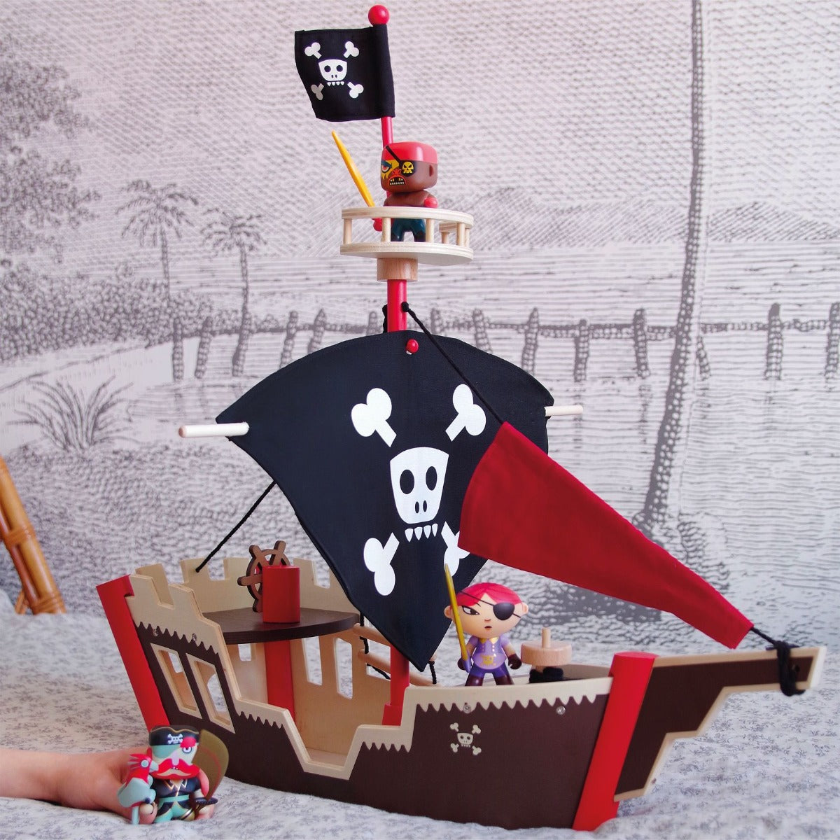 Djeco Arty Toys Ze Pirat Boat - Creative Wooden Pirate Ship Toy for Kids Ages 3+ | Pretend Play, Imaginative Storytelling & Decorative Nursery Display