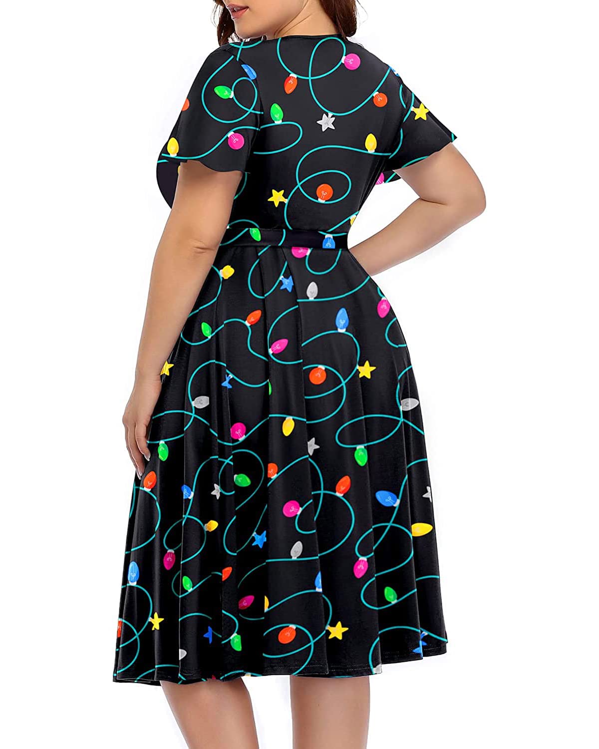 Plus Size Pinup Fashion Women's Cocktail Dress - Semi Formal Wrap Empire Waist Midi Dress for Wedding Guest & Special Occasions