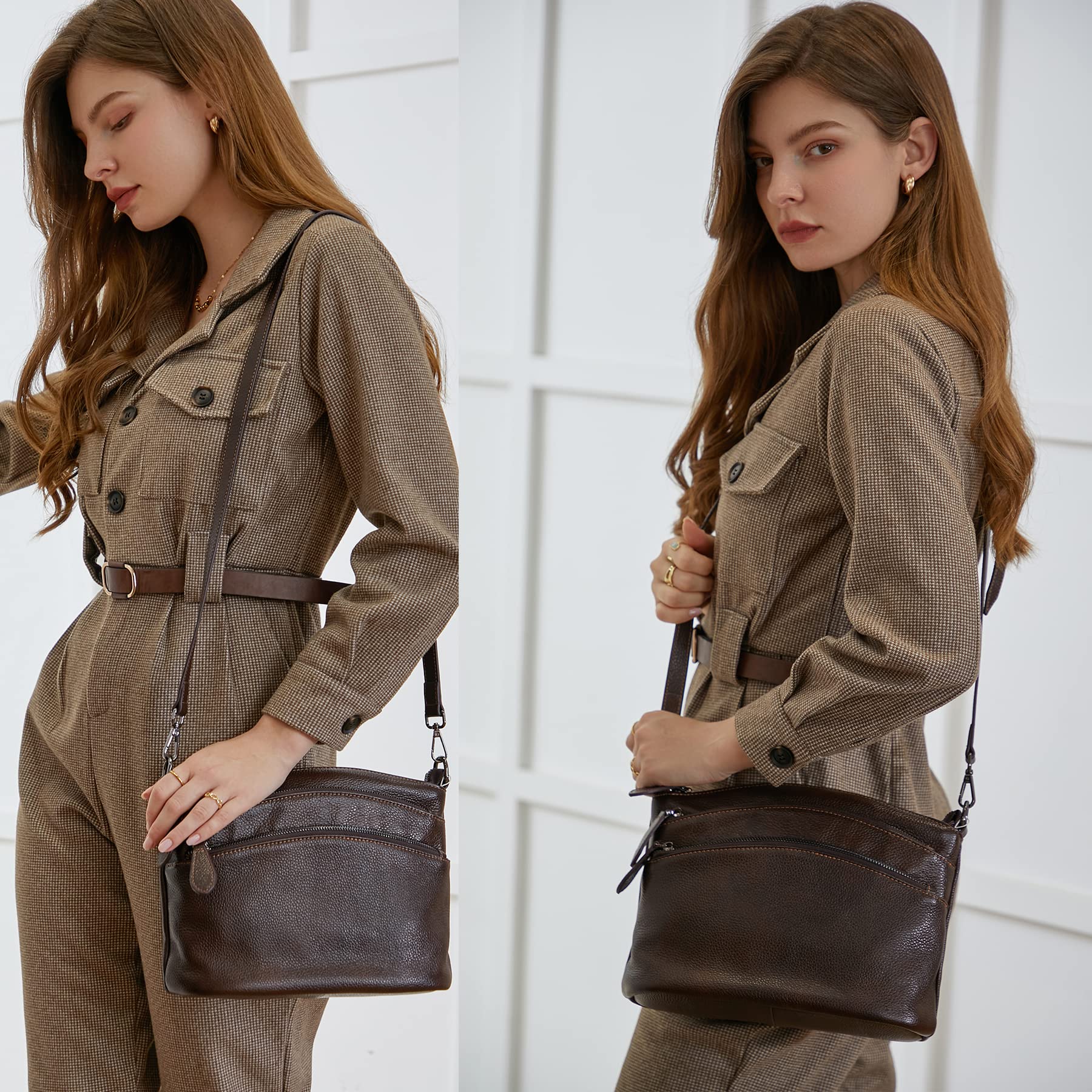 HESHE Women's Leather Crossbody Bag with Multiple Pockets - Small Functional Shoulder Purse Satchel Handbag for Daily Use, Travel & Shopping