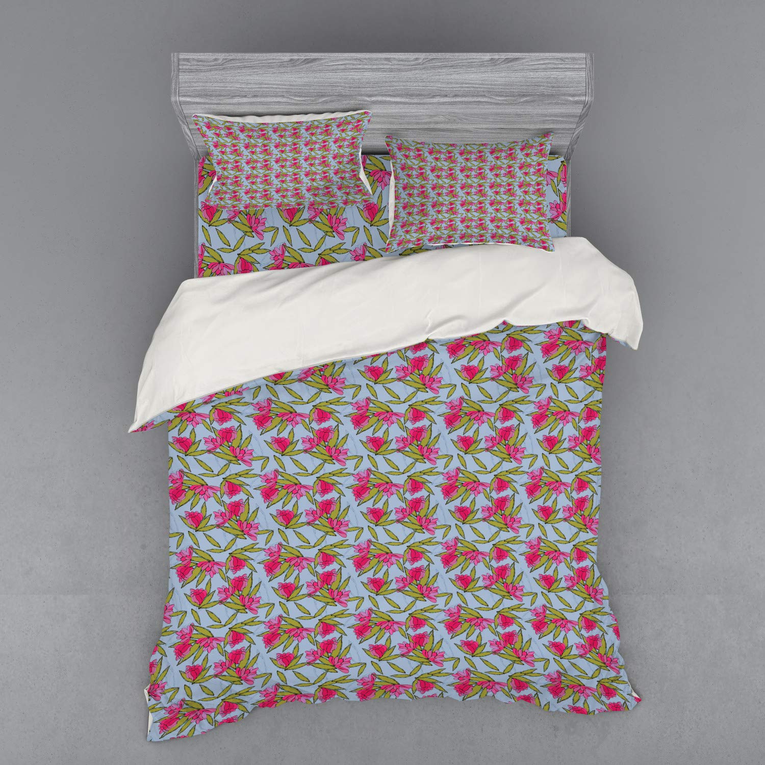 Ambesonne Floral Bedding Set 4-Piece - Queen Size Duvet Cover with Shams & Fitted Sheet, Cartoon Flower Design in Ceil Blue Pink Green - Perfect for Kids' Rooms, Guest Bedrooms & Boho Home Decor