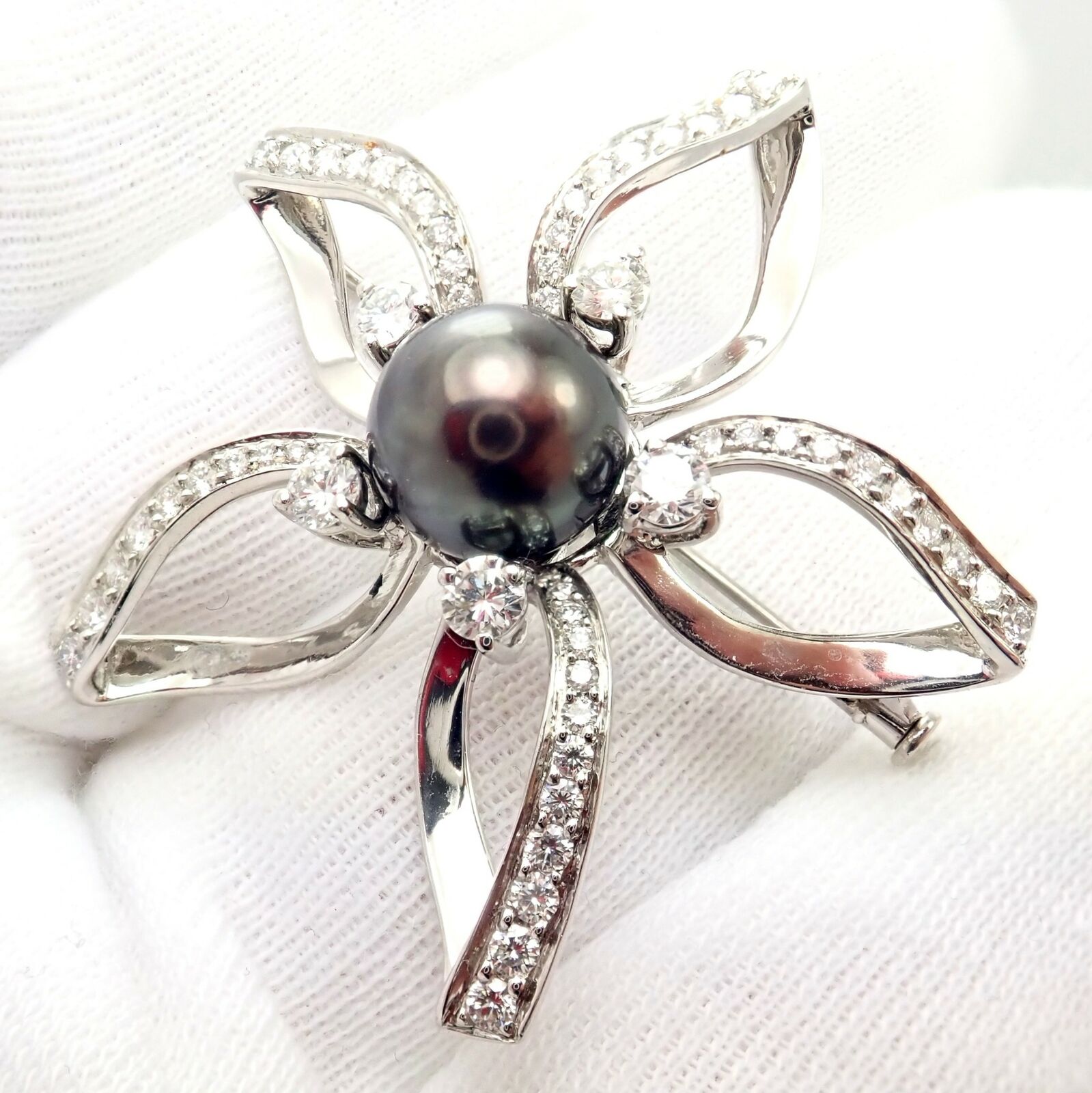 Authentic Mikimoto Platinum Diamond Tahitian South Sea Pearl Brooch Pin - Luxury Pearl Jewelry for Women, Elegant Gift for Special Occasions, Perfect for Weddings, Anniversaries and Formal Events