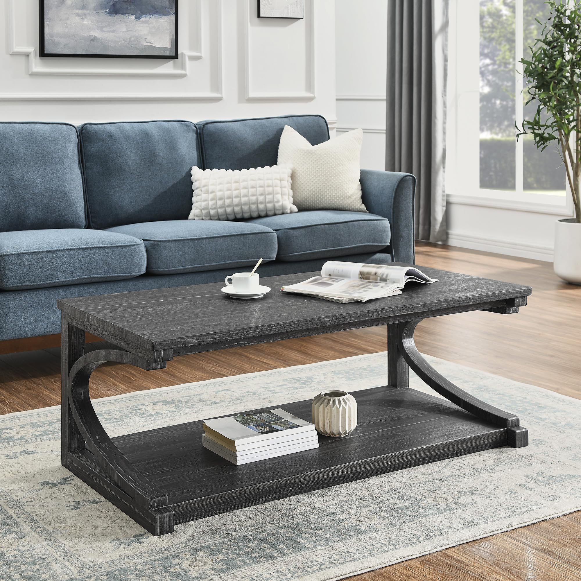 P PURLOVE Solid Wood Coffee Table - Modern Farmhouse Style 2-Tier Storage Center Table, Rectangle Living Room & Bedroom Furniture - Perfect for Home Decor, Entertaining Guests, and Small Space Organization