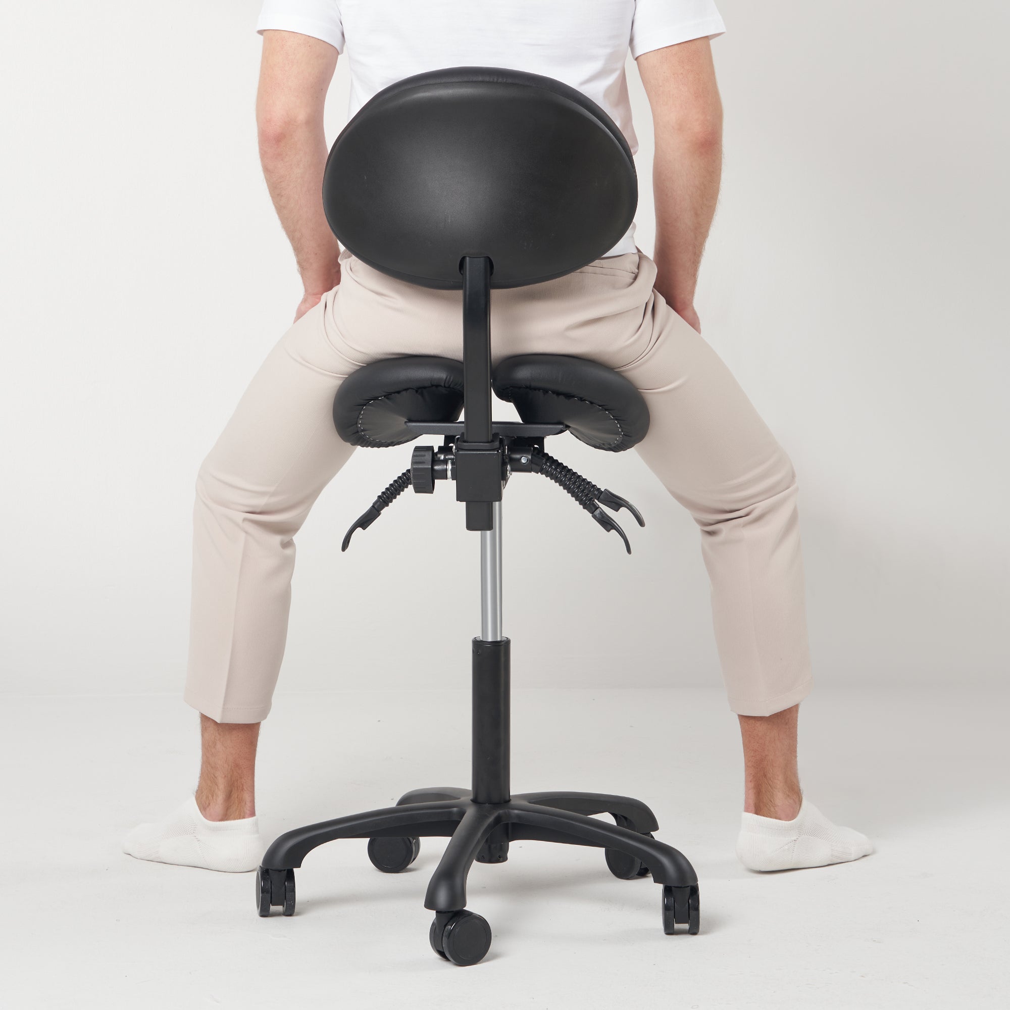 Ergonomic Saddle Stool with Adjustable Height & Tilt - Hydraulic Swivel Rolling Massage Stool for Posture Correction | Split Seat Design with Backrest | Black & Gray Options | Perfect for Massage Therapists, Chiropractors & Office Workers