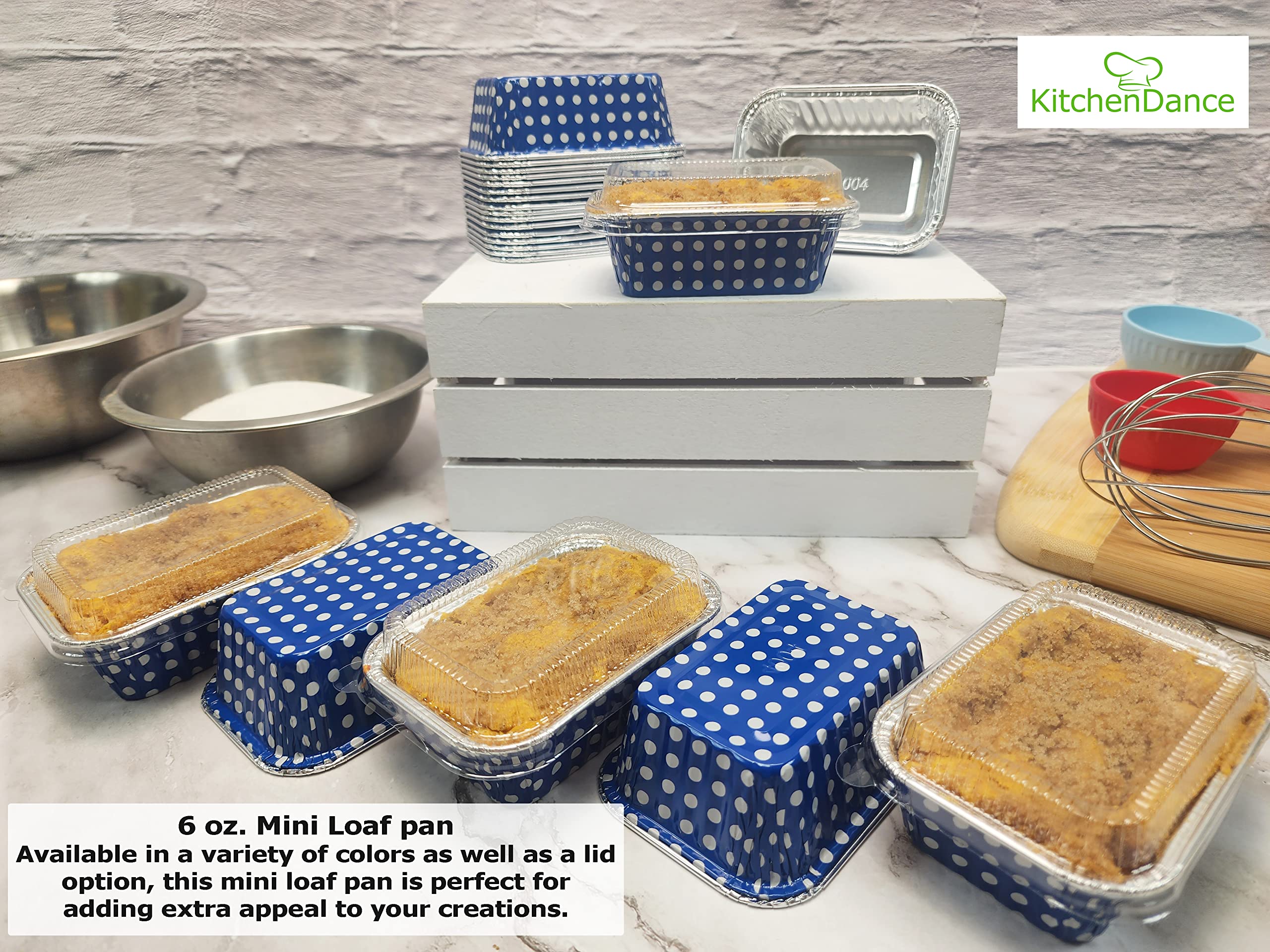 KitchenDance Disposable Aluminum Mini 6oz Loaf Pans - 2000 Pack with Lids | Blue Polka Dot Design | Perfect for Baking, Meal Prep & Party Favors