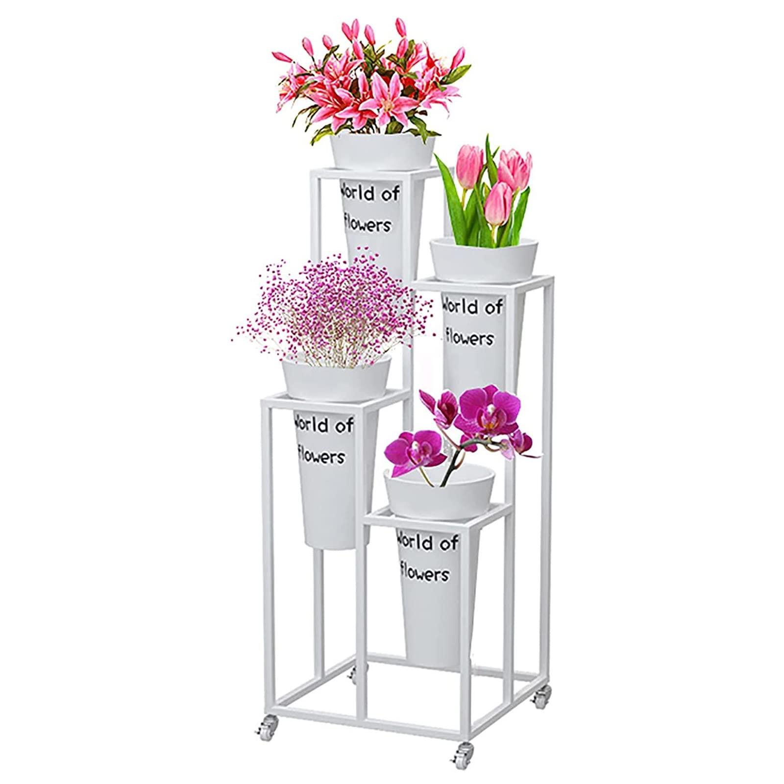 Modern Wrought Iron Plant Stand with Wheels - Indoor Outdoor Flower Pot Holder for Home, Garden, Balcony, Flower Shop & Lobby Decor - Perfect for Living Room, Patio, Office & Wedding Decorations