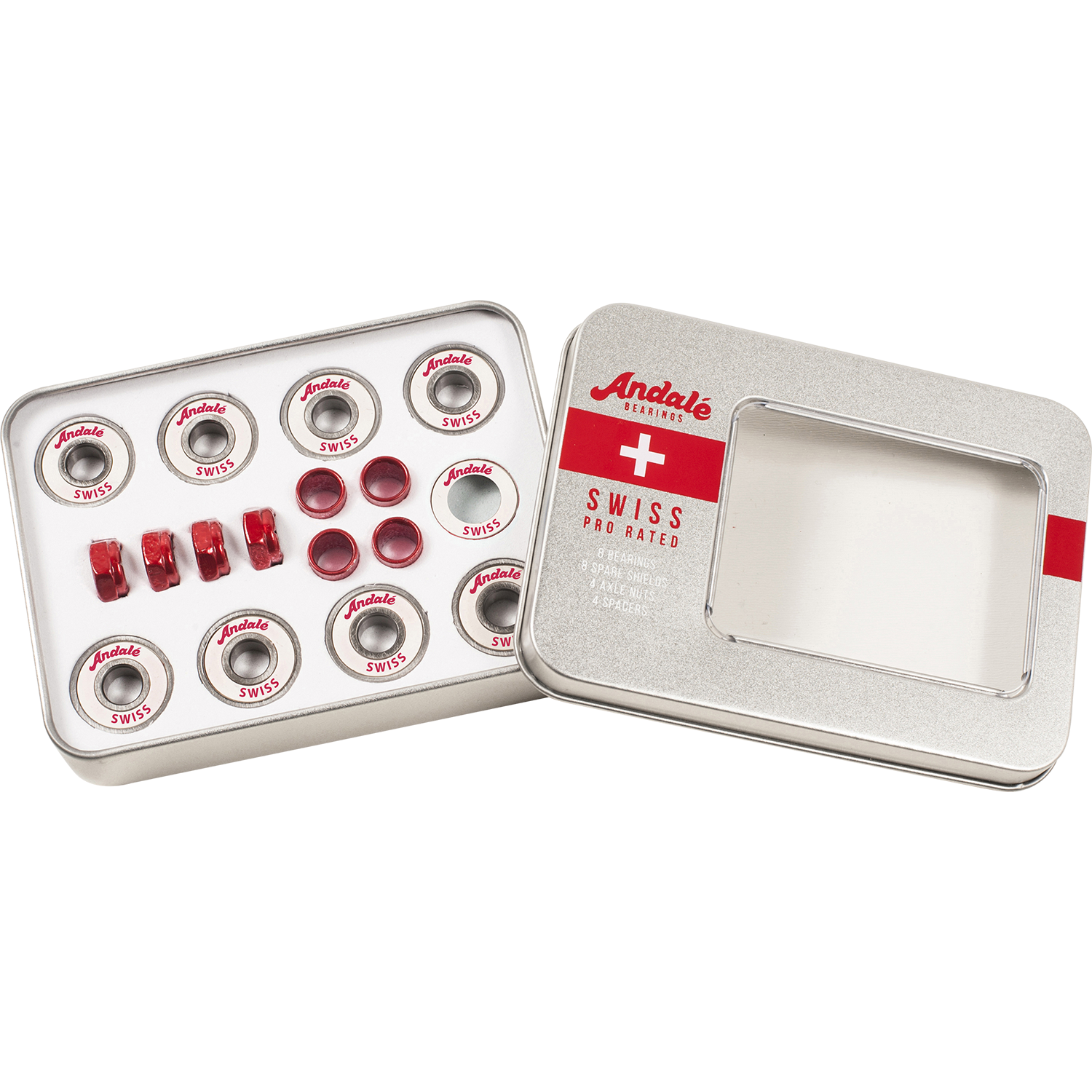 Premium Swiss Tin Box Bearings Set - Silver/White/Red (8-Piece) for Bicycles, Skateboards & Industrial Machinery