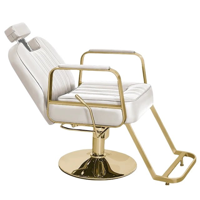 Grenlife Modern Reclining Barber Styling Chair - Gold & White Leather Salon Chair for Hairdressing, Beauty Salon & Home Barber Shop | Professional Adjustable Stylist Chair with Footrest