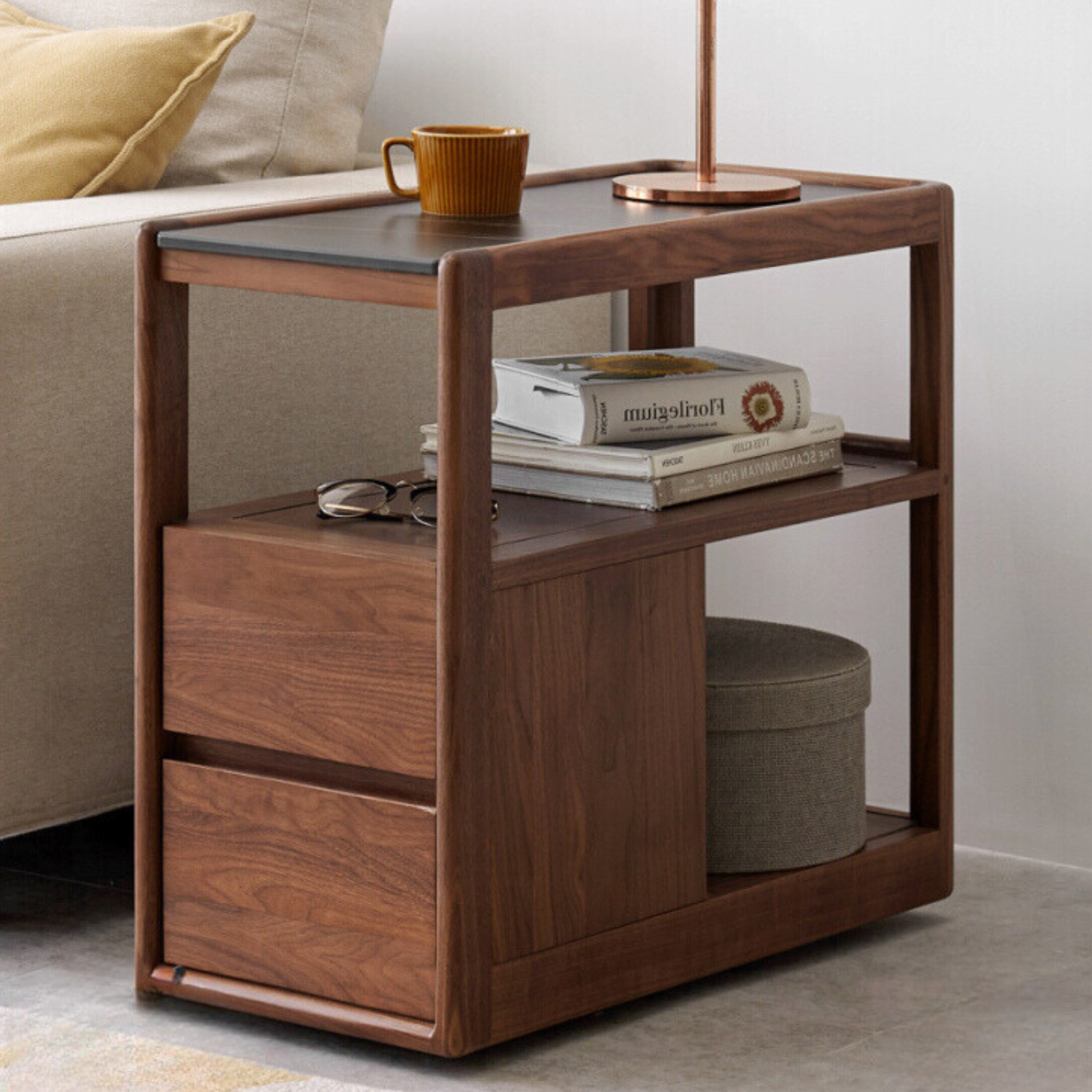 Solid Black Walnut Wood Side Table with Natural Slate Top - Perfect for Living Room, Bedroom, or Office Decor