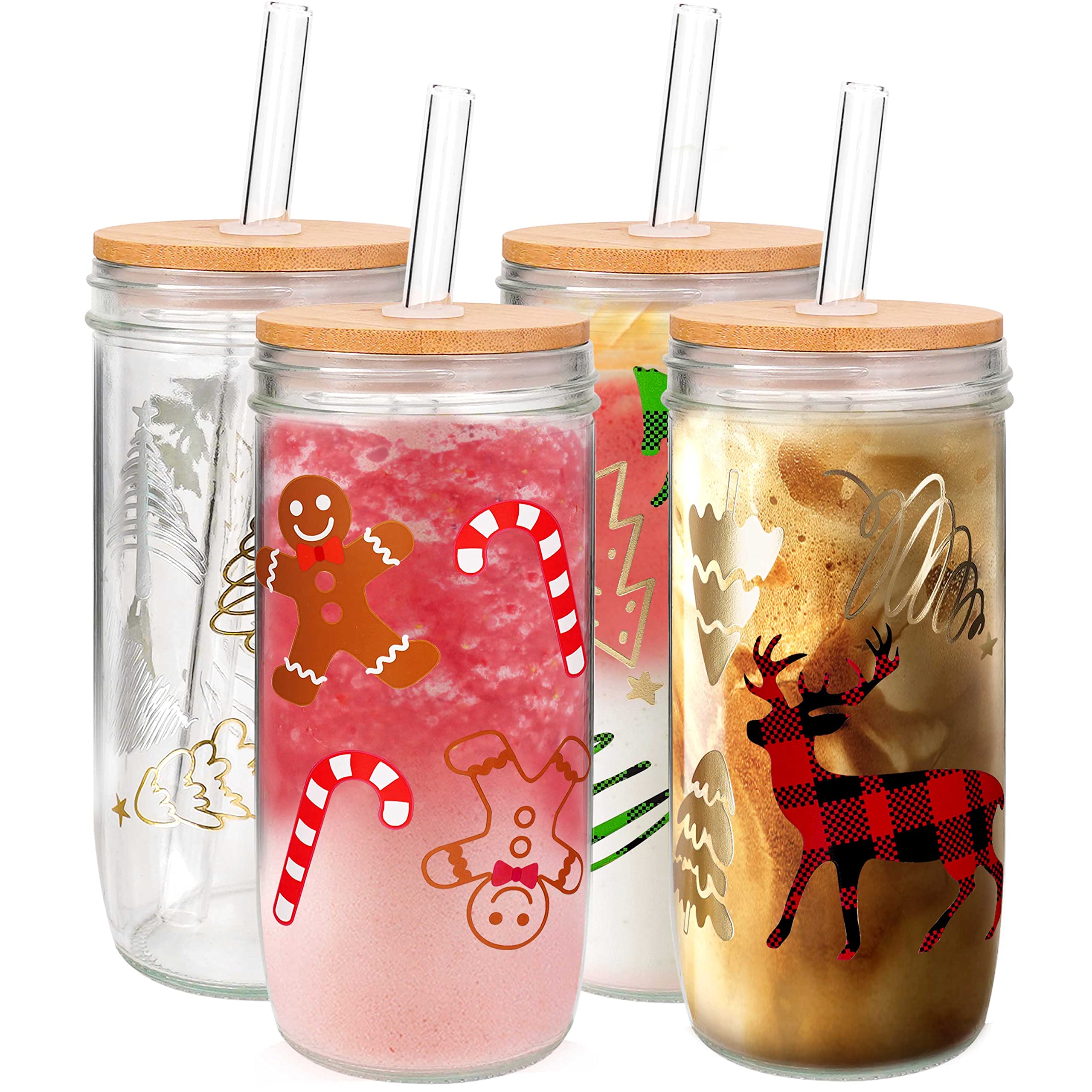 **ANOTION Christmas Cups - 16oz Colored Christmas Mugs with Lids & Straws, Unique Teacher Gifts, White Elephant Gifts for Adults, Mason Jar Glass Tumblers for Coffee, Tea & Hot Drinks - Perfect for Holiday Parties, Office Gifts & Cozy Home Use**