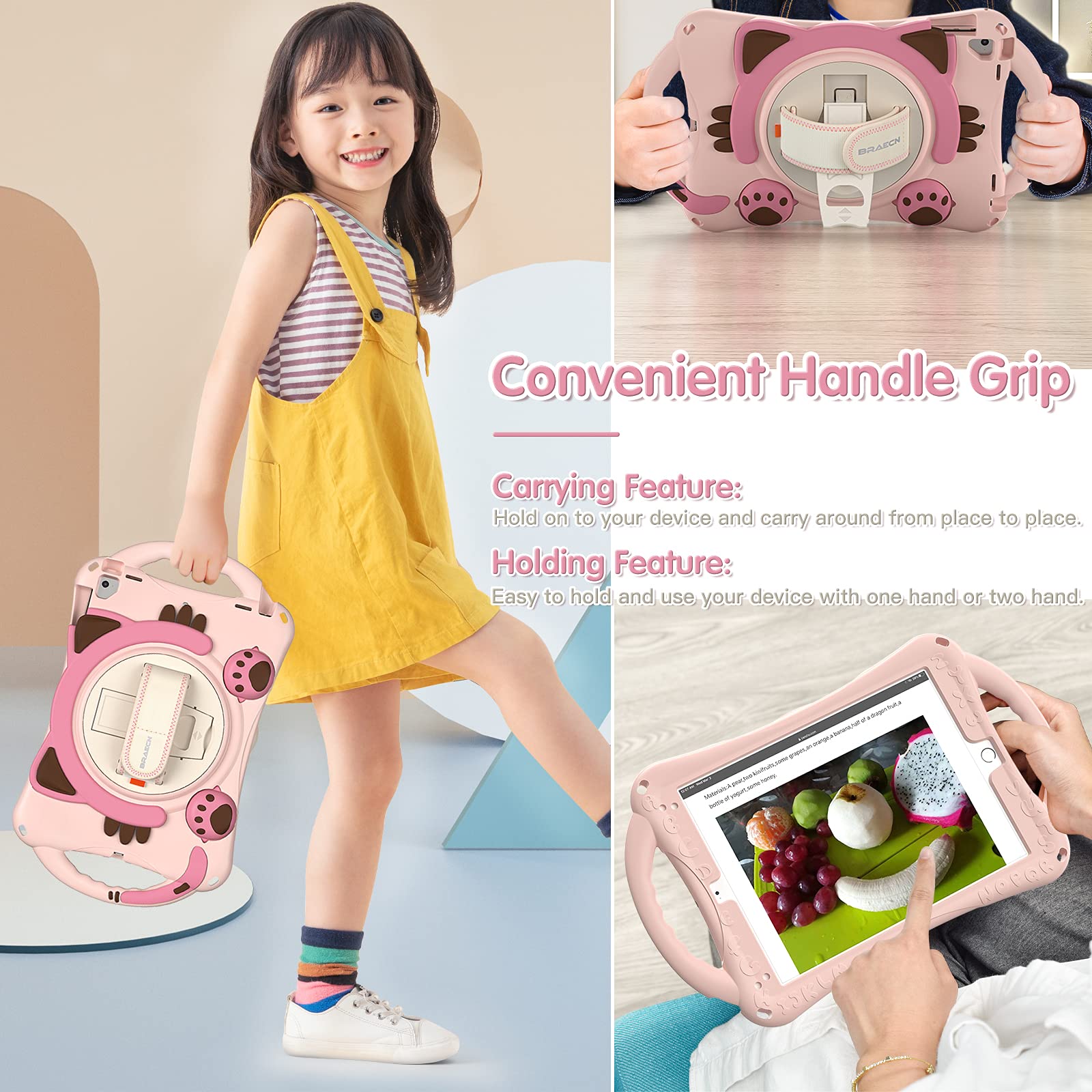 BRAECN Shockproof Silicone iPad Case for Kids - Compatible with iPad 6th/5th Gen 9.7 Inch (2018/2017), iPad Air 2/Air 1, iPad Pro 9.7 | Protective Cover with Pencil Holder, Handle Grip, Hand Strap & Kickstand | Perfect for School, Travel & Home Use - Pink