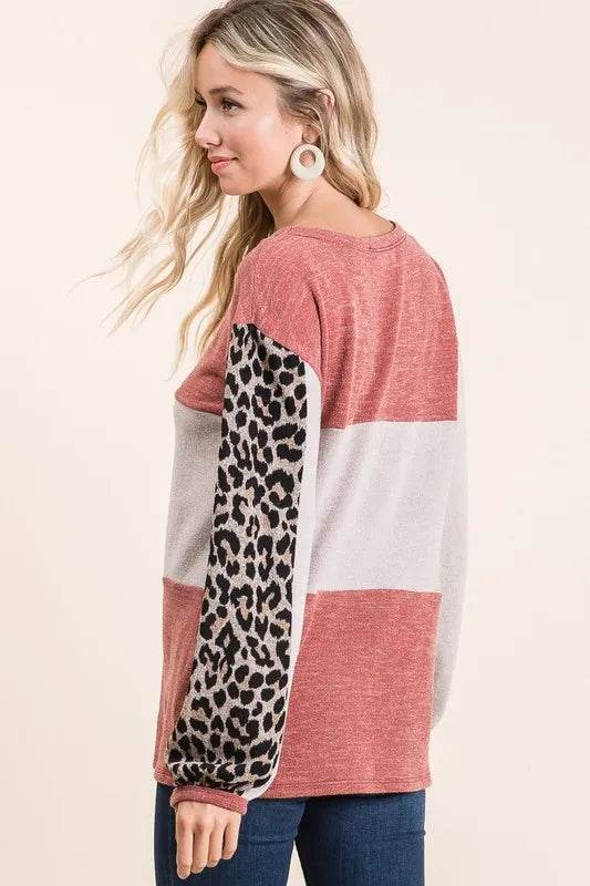 Stylish BiBi Sweater Knit Color Block Top with Leopard Print - Perfect for Casual Outings, Fall Layering & Trendy Streetwear Looks