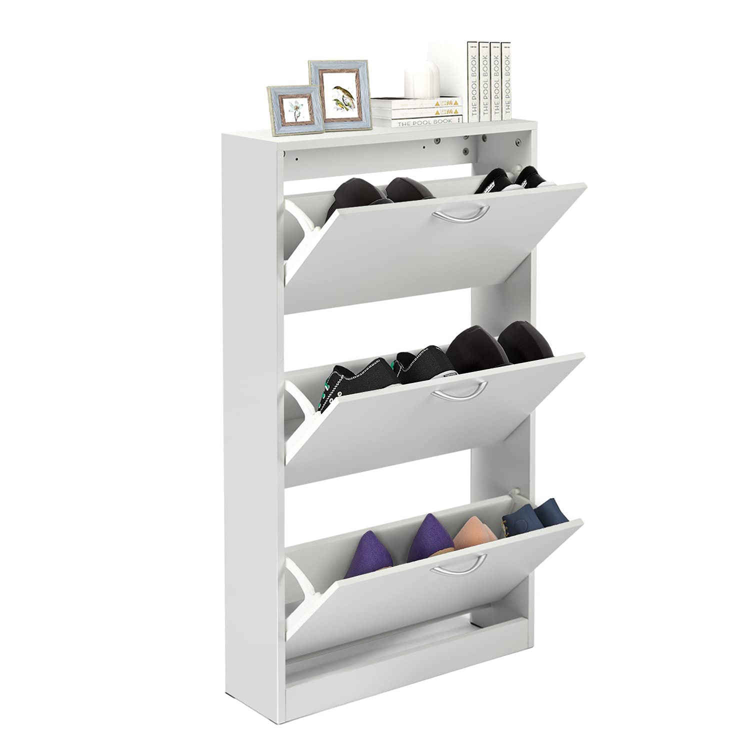 White Narrow Shoe Storage Cabinet - 3 Tier Flip Down Shoe Rack Organizer for Entryway | Space Saving Wooden Shoe Cabinet for Home, Apartment & Small Spaces | Perfect for Hallway, Closet & Mudroom Organization