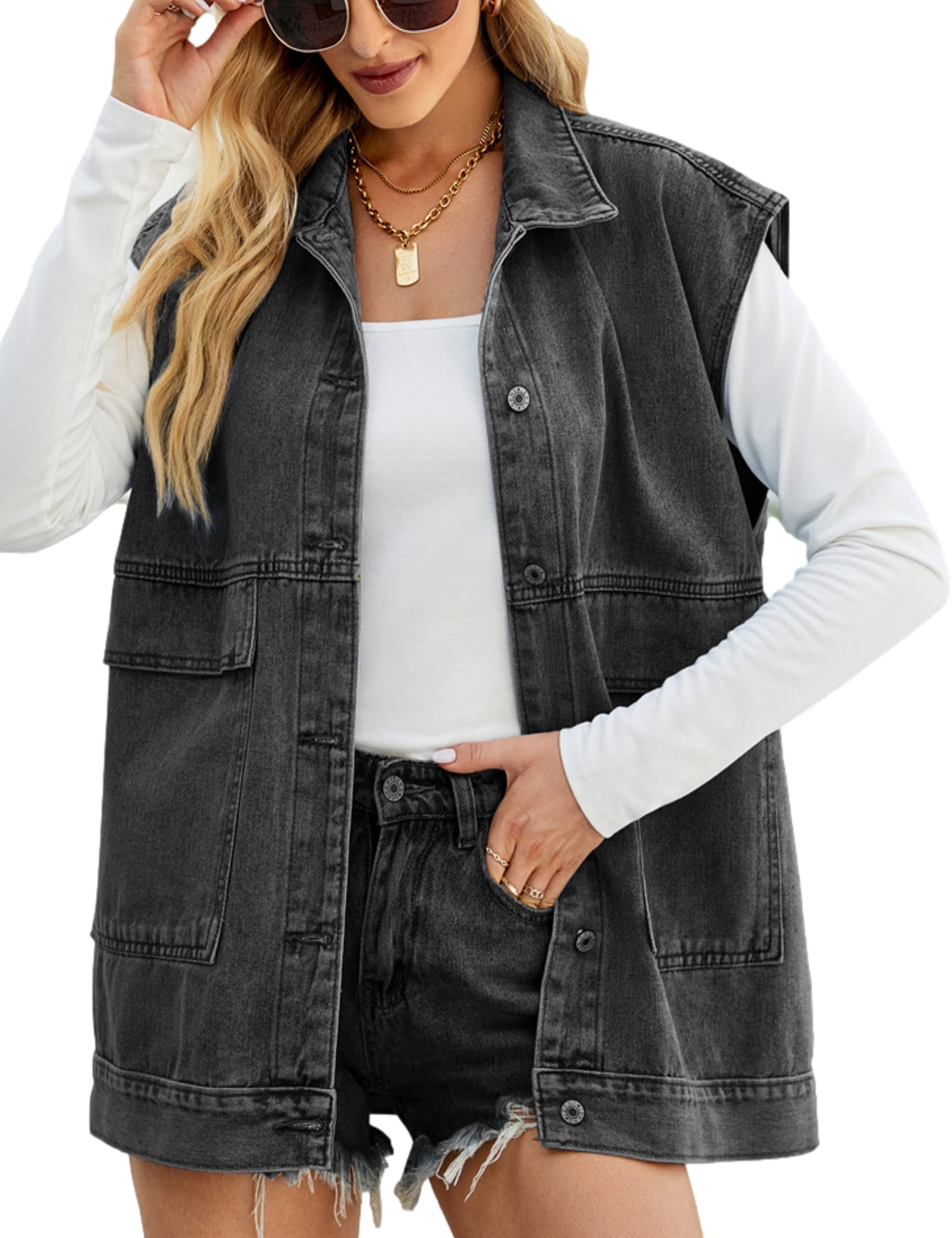 Zontroldy Women's Oversized Denim Vest - Sleeveless Button Down Jean Waistcoat Shacket Jacket for Casual Outfits & Layering | Perfect for Streetwear, Spring/Fall Fashion, and Weekend Outings