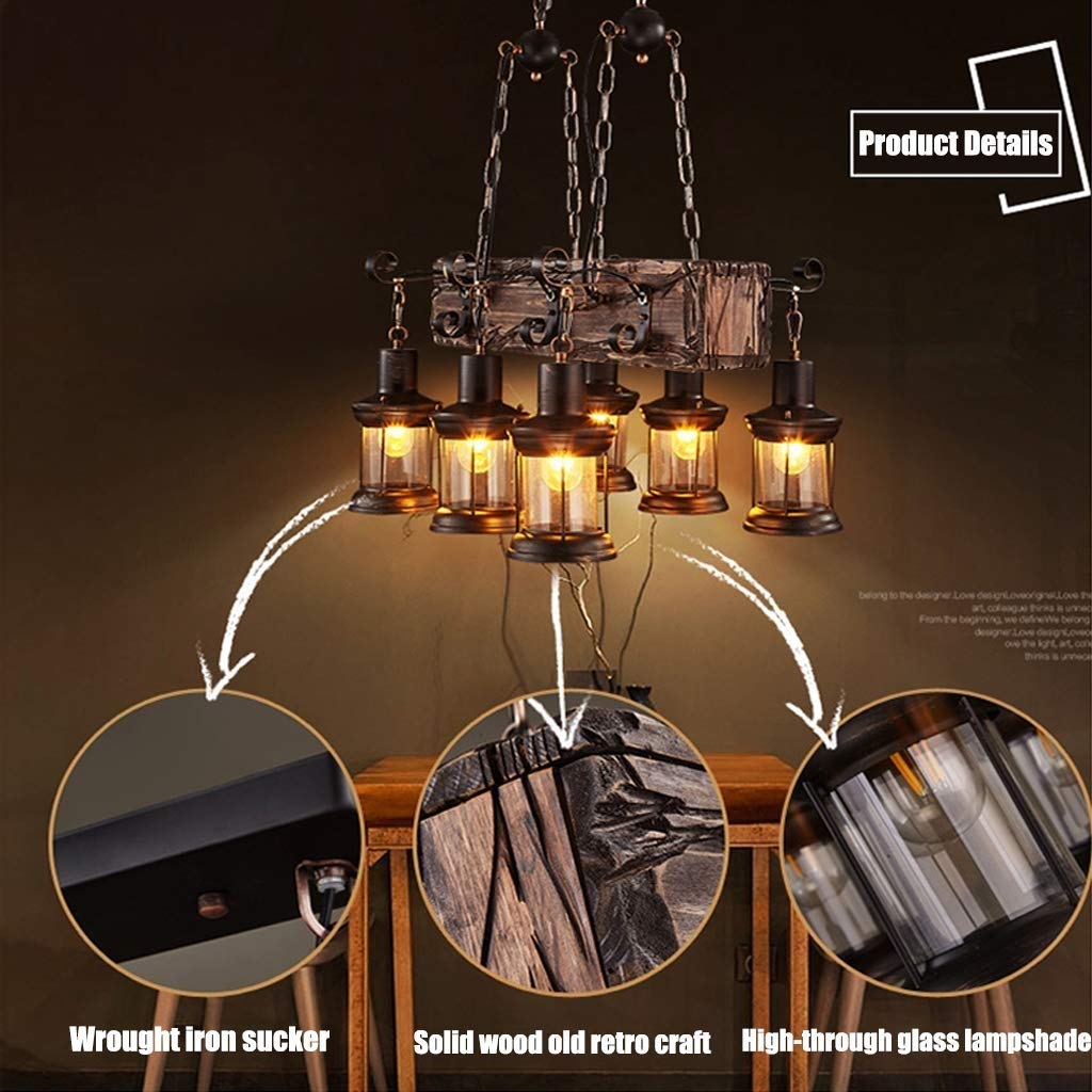 Vintage Industrial Wood & Metal Chandelier - Adjustable Height 6-Light E27 Pendant Lamp for Living Room, Dining Room & Bedroom | Retro Style Ceiling Lighting Fixture