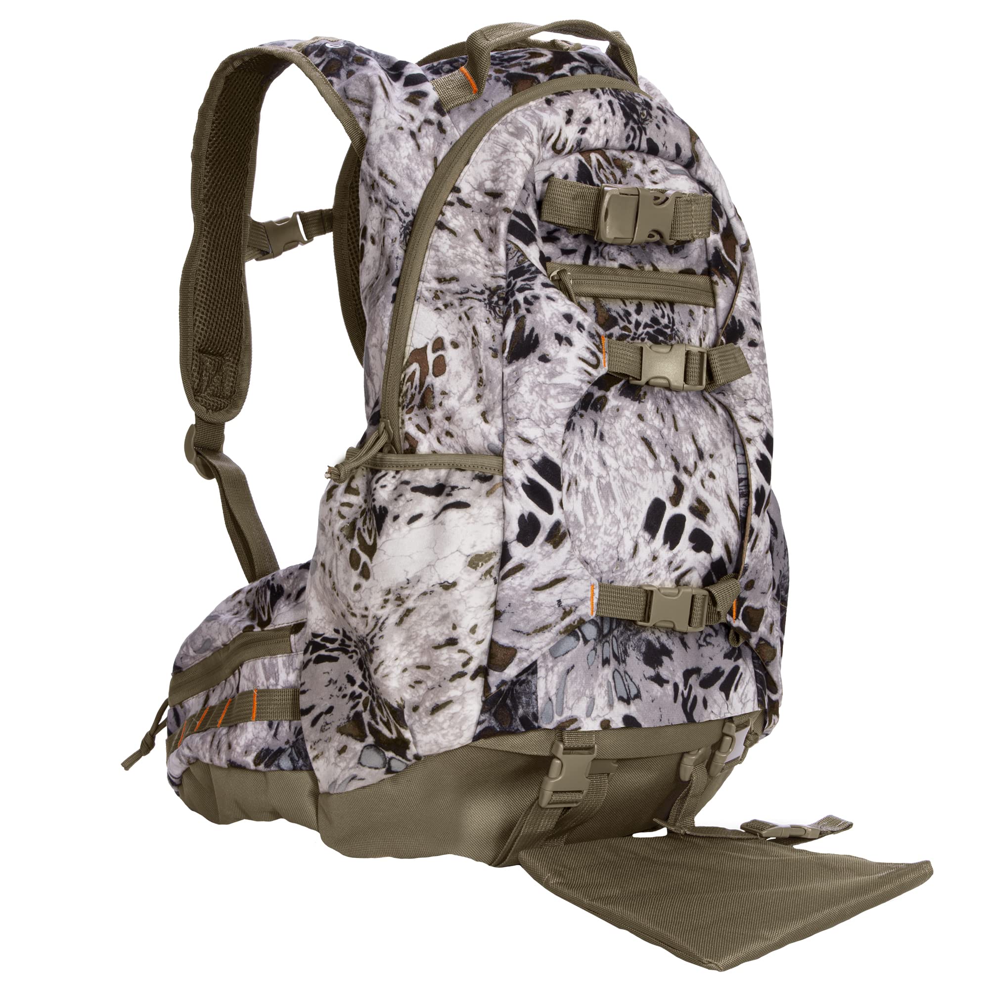 North Mountain Gear Snow Camo Hunting Backpack - Waterproof Bow & Rifle Compatible Hunting Bag (Prym1 Tundra White) for Winter Hunting, Outdoor Adventures & Tactical Missions