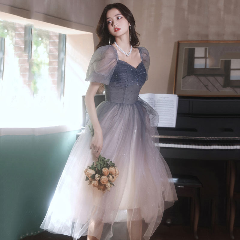 Elegant Gradient A-Line Tulle Prom Dress with Puff Sleeves - Shiny Long Evening Gown for Homecoming, Wedding, Party | Style 590