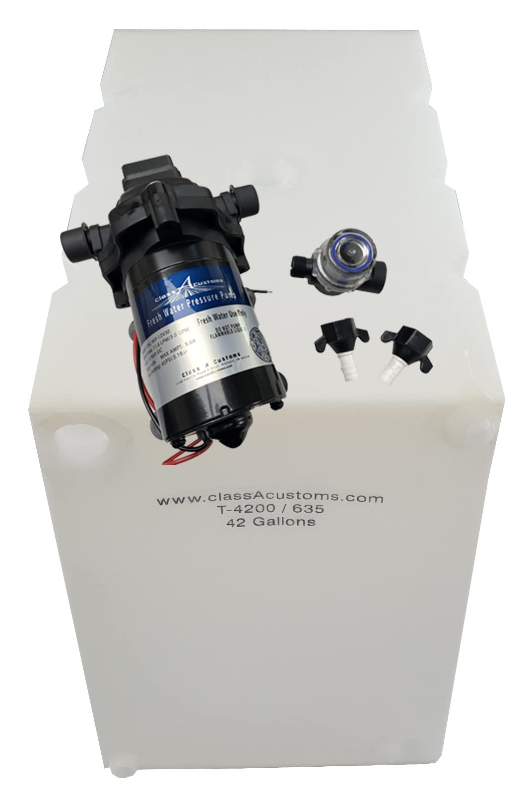 42 Gallon RV Fresh Water Tank with 12V Water Pump | Portable Water Storage System for Camping, Boating & Off-Grid Living | T-4200-PUMP | Class A Customs