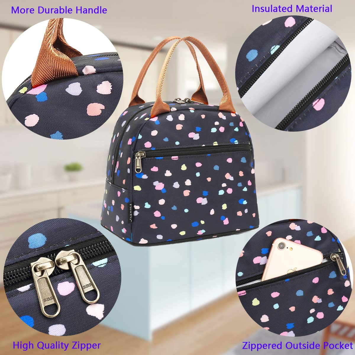 FlowFly Insulated Lunch Bag Tote - Reusable Cooler Lunch Box for Women & Men, Black Floral Design - Perfect for Work, School, Picnics & Outdoor Activities