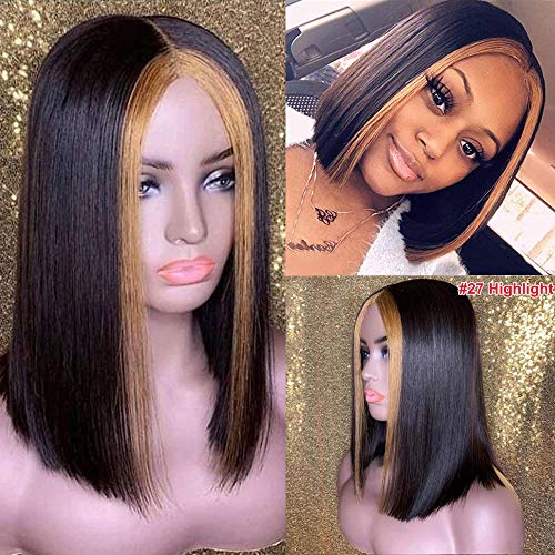 XSZM Honey Blonde Short Bob Human Hair Wig - Pre Plucked Natural Black T-Part Lace Front Wig for Black Women | Ombre 27# Brown with Middle Hairline & Baby Hair | Silky Straight 14 Inch Wig for Daily Wear, Cosplay & Special Occasions