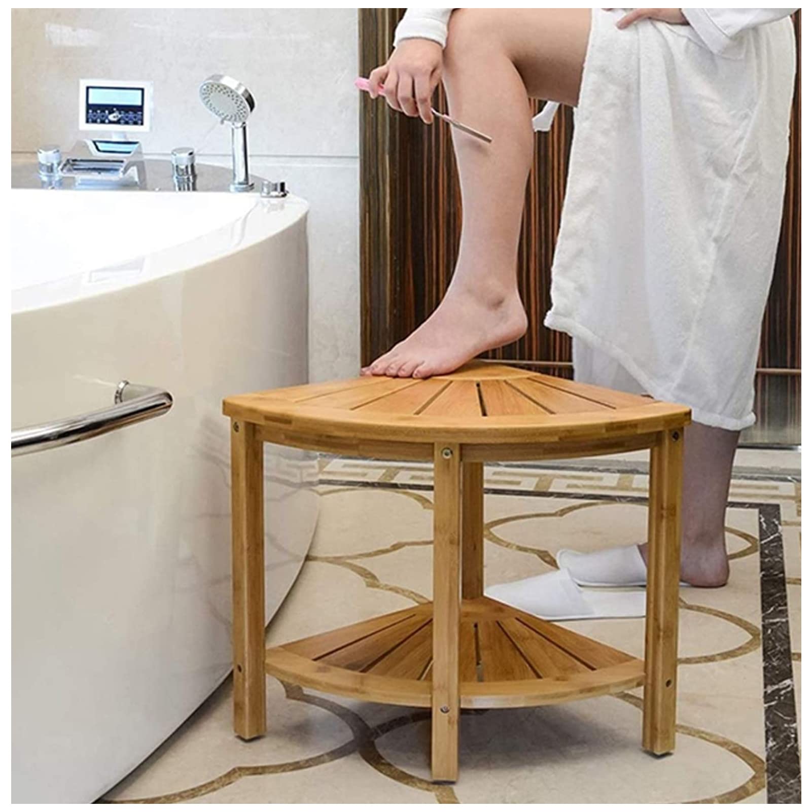 Premium Bamboo Shower Stool with Shelf - Non-Slip Spa Bench for Bathroom, Bedroom & Garden - Perfect as Shaving Stool, Foot Rest & Towel Rack (Natural Wood Seat with Anti-Skid Feet) - Ideal for Relaxation, Pedicures & Bathroom Organization