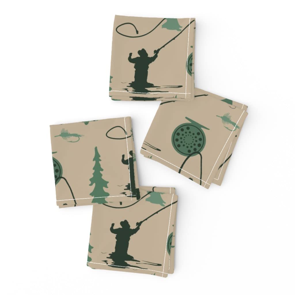 Fly Fishing Cocktail Napkins Set of 4 - Western Trout River Pine Trees Design on Premium Linen Cotton Canvas - Perfect for Rustic Weddings, Cabin Decor & Fisherman Gifts