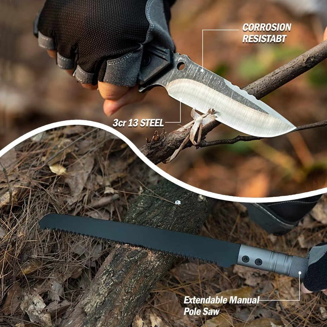 28-in-1 Unbreakable Tactical Survival Shovel with Axe - Multifunctional Camping Tool for Outdoor Adventures, Hiking, Backpacking & Emergency Preparedness - Perfect for Digging, Chopping, Sawing and Survival Situations
