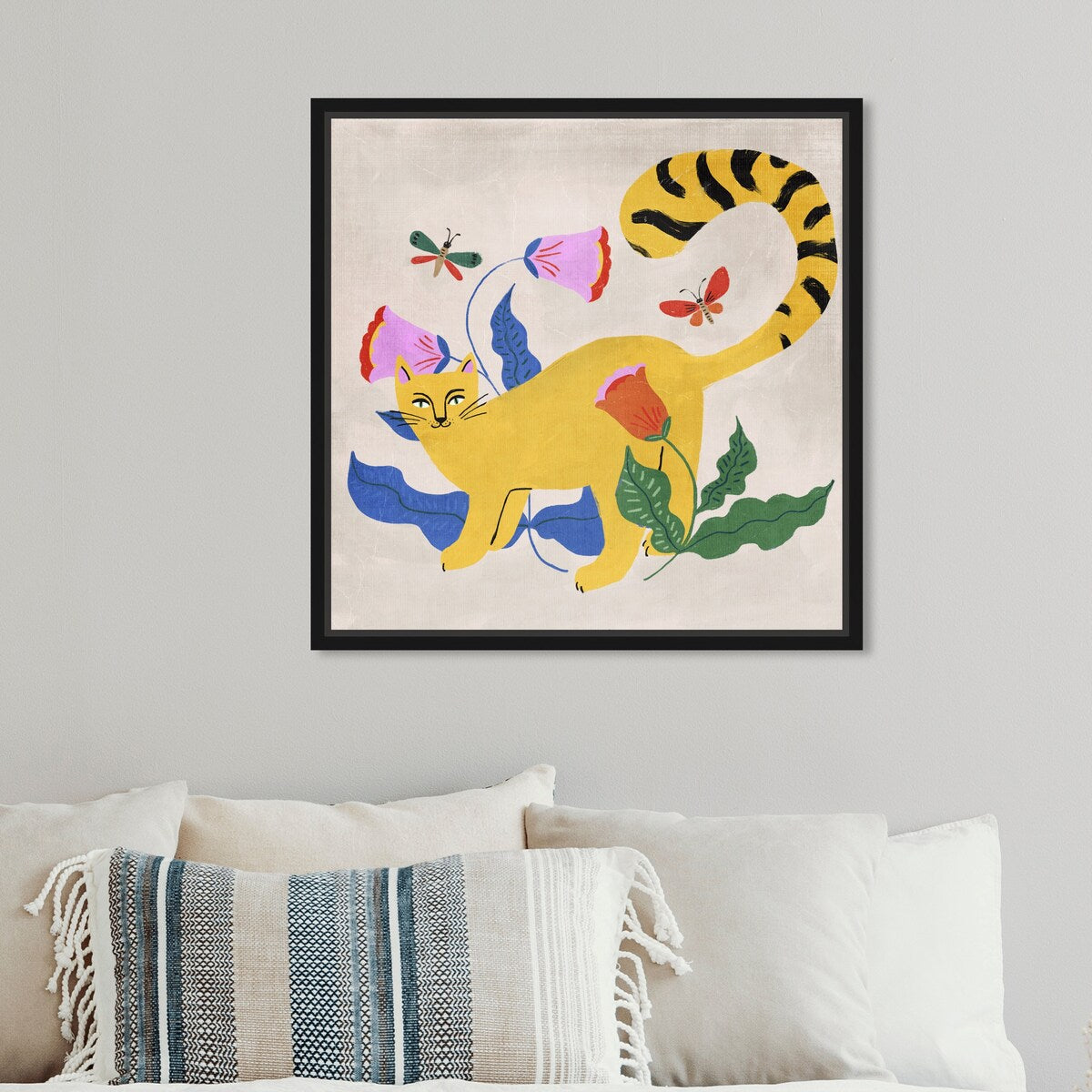 Blonde Tabby Floral Kitten Butterfly Garden Modern Yellow Framed Canvas Wall Art Print - Home Decor for Bedroom, Living Room & Nursery