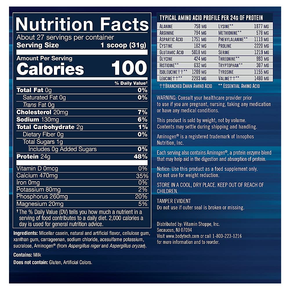 BodyTech Micellar Casein Protein Powder - Slow Release Protein for Overnight Muscle Recovery & Growth - 24g Protein per Serving - French Vanilla Flavor (2lb) - Ideal for Post-Workout, Bedtime Recovery & Healthy Weight Management