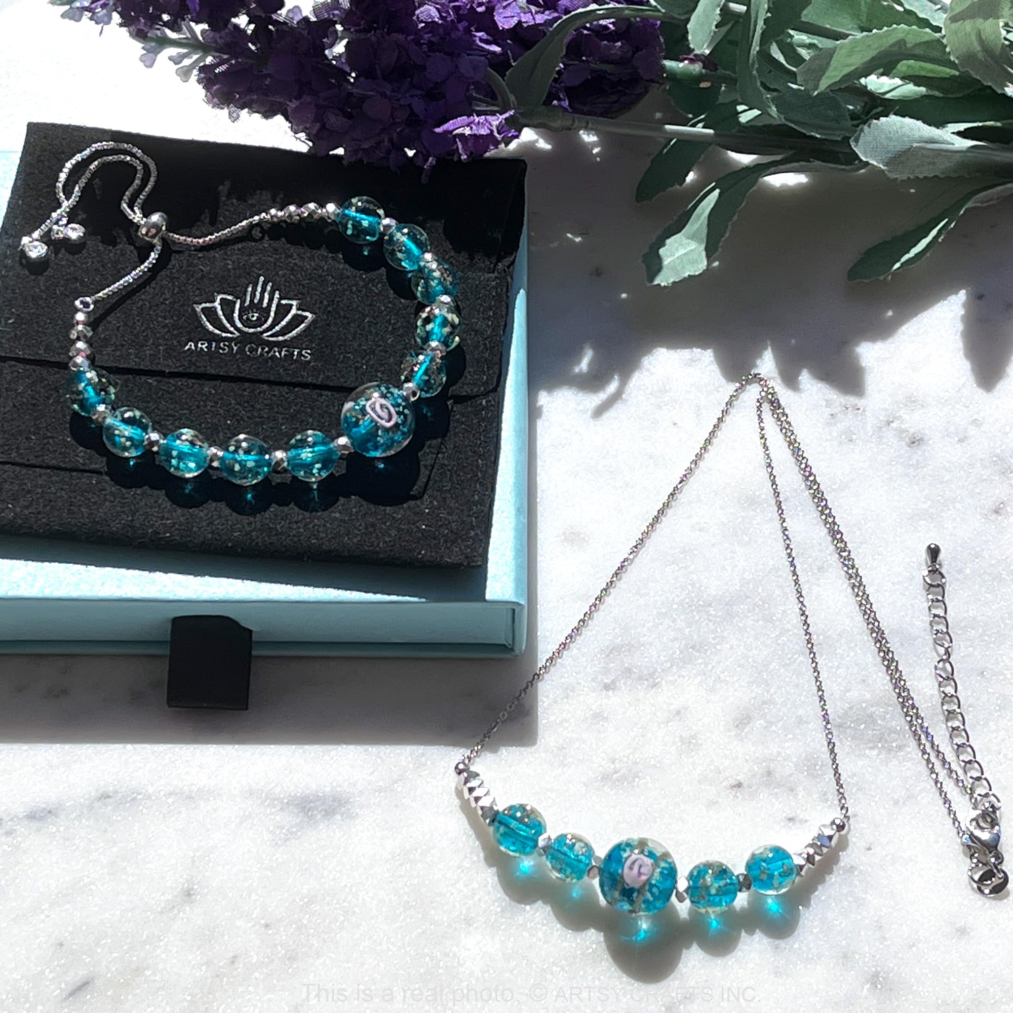 Glow in The Dark Firefly Beads Bracelet & Necklace Set - Murano Glass Beads Crystal Birthstone Jewelry with Adjustable Slider Chain | Handmade Luminous Glass Beads for Women, Girls | Perfect for Night Parties, Rave Events & Gift Giving