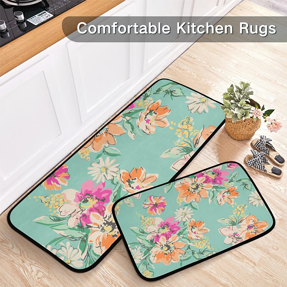Non-Slip Washable Floral Kitchen Rugs Set of 2 - Sketched Bright Design Runner Mats for Kitchen Floor, Home, Sink & Laundry Room | Perfect for High-Traffic Areas & Spill Protection