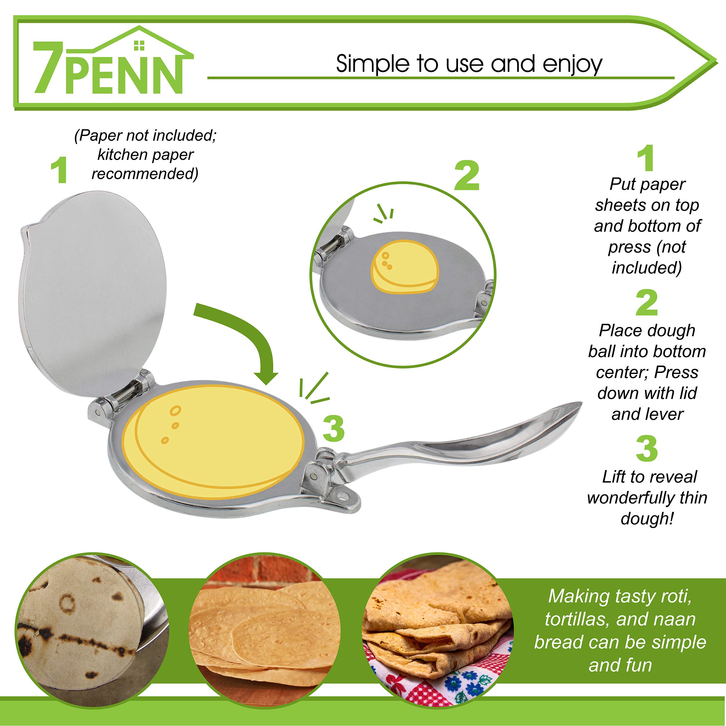 7Penn 6-Inch Aluminum Tortilla Press - Heavy Duty Corn & Flour Tortilla Maker for Roti, Naan, Chapati, Tacos | Perfect for Home Cooking, Mexican Cuisine, Indian Flatbreads & DIY Taco Nights
