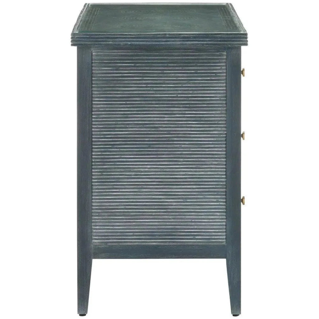 38 Inch Santos Wood and Glass Blue Storage Chest - Stylish Home Decor for Bedroom, Living Room, or Entryway Organization
