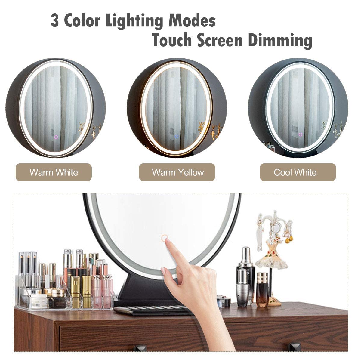 Charmaid Makeup Vanity Table with LED Mirror - 3 Lighting Modes & Adjustable Brightness, 2 Spacious Drawers & Acrylic Organizers, Girls Bedroom Dressing Table Set with Stool (Walnut) - Perfect for Makeup Application, Skincare Routine & Bedroom Decor
