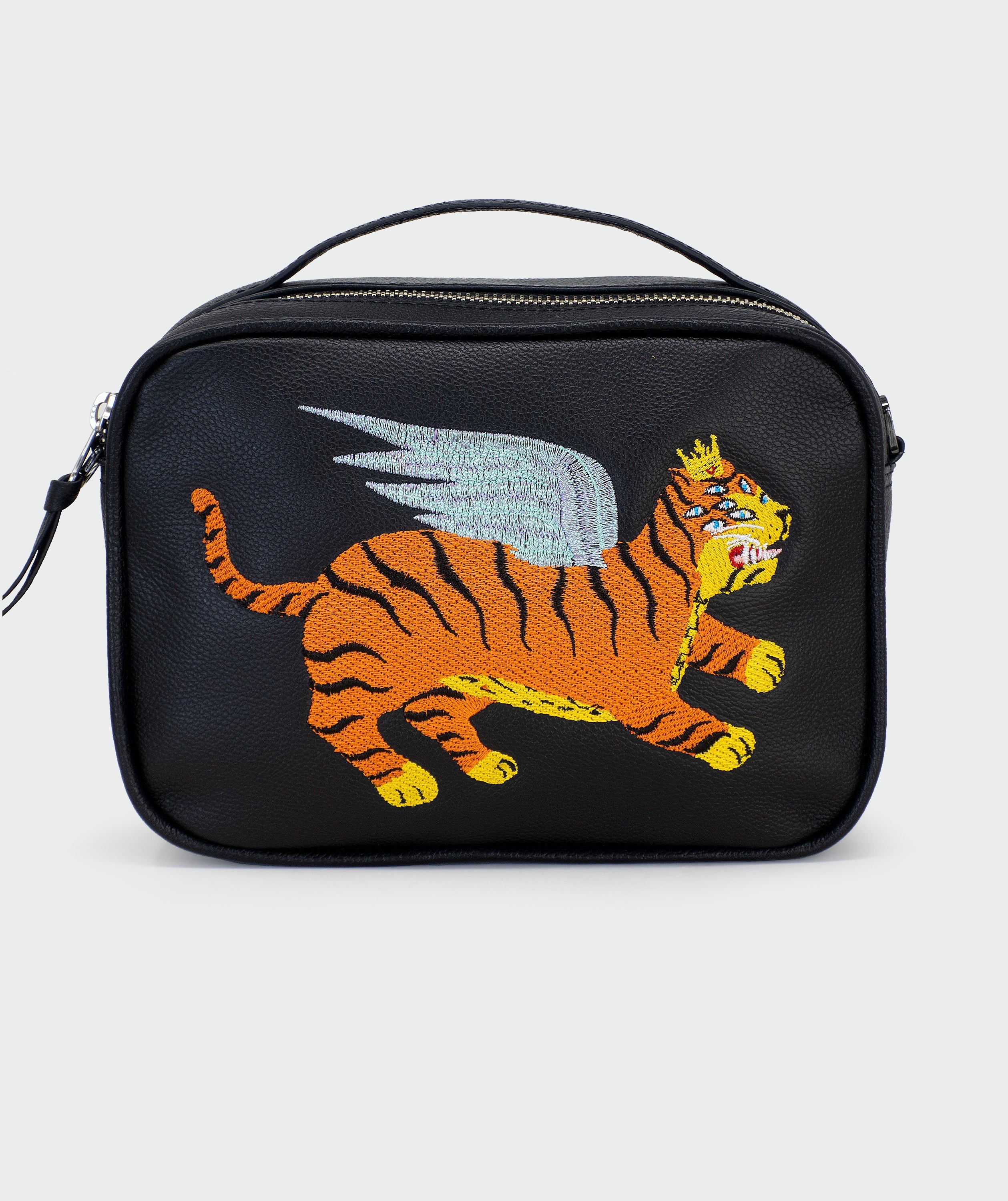 Verto Crossbody Bag for Women - Black Genuine Leather with Flying Tiger Embroidery - Fashionable Shoulder Purse for Daily Use, Travel & Shopping