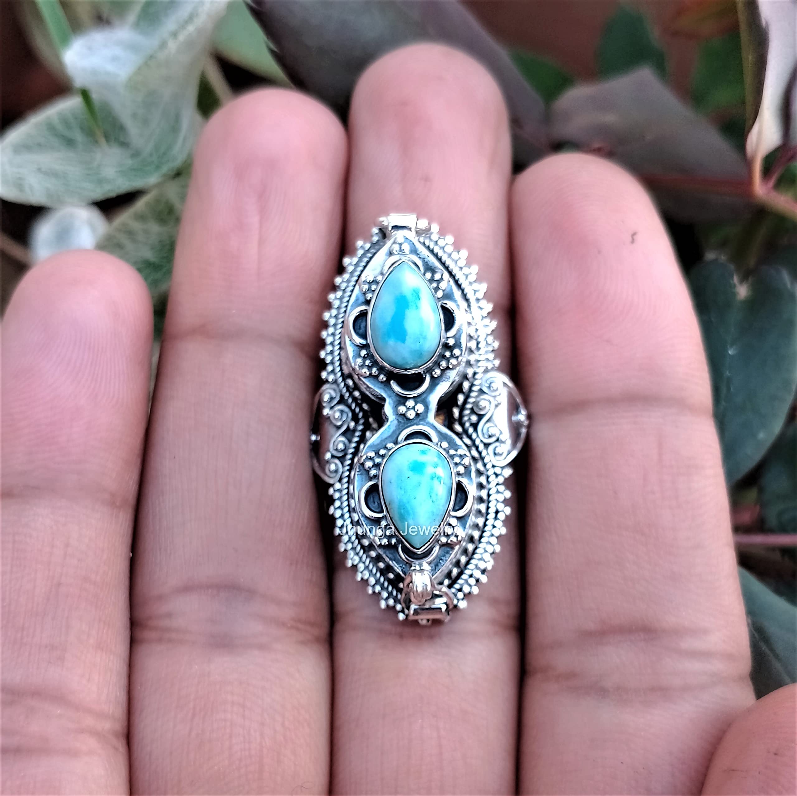 Larimar Poison Ring - 925 Sterling Silver Healing Crystal Locket Ring with Secret Compartment | Handmade Boho Style Statement Jewelry | Perfect for Gift Giving, Witchy Aesthetic & Medieval Renaissance Fairs