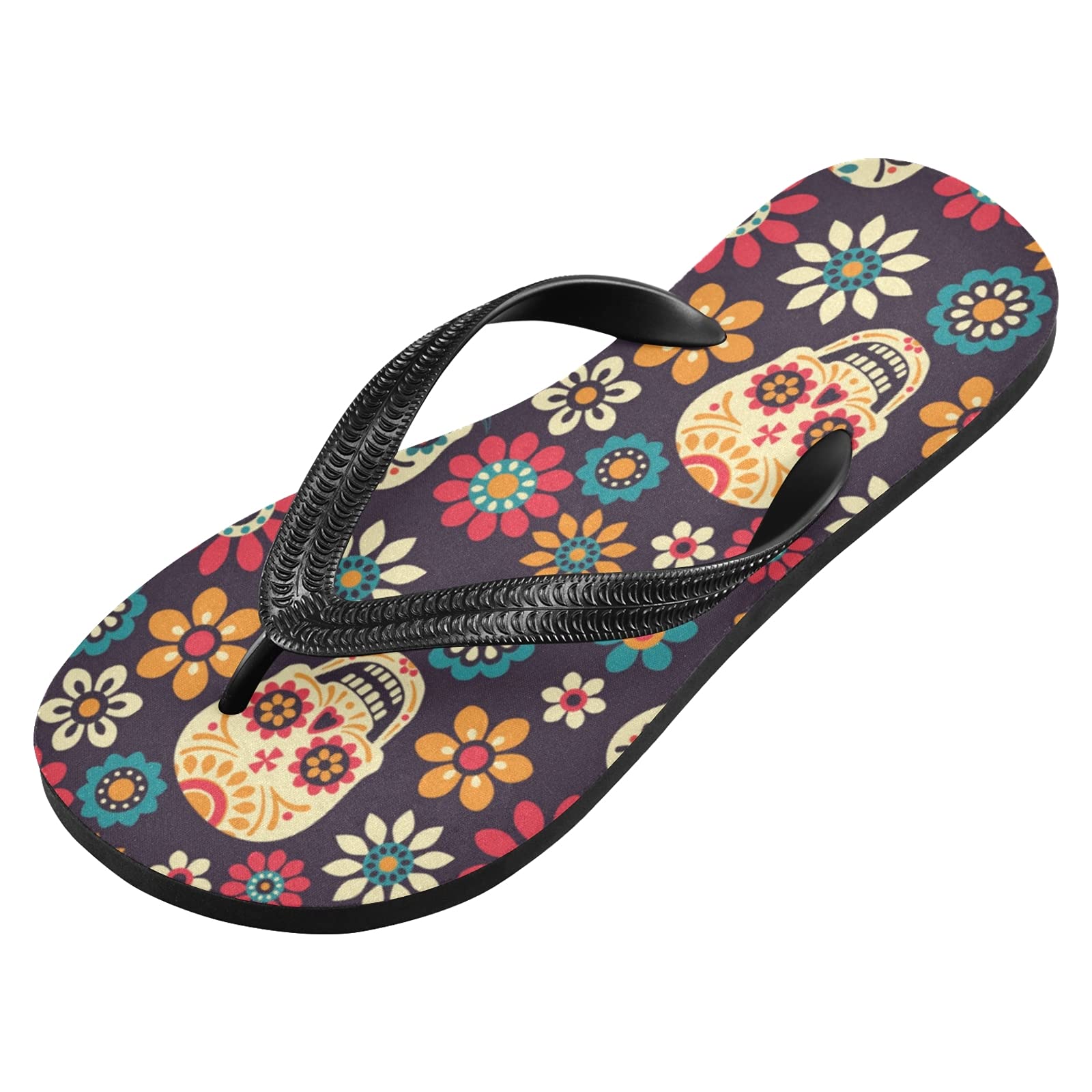 Qilmy Sugar Skull Flower Flip Flops - Lightweight Non-Slip Summer Sandals for Women & Men - Comfortable Casual Slippers for Beach, Pool, and Outdoor Use