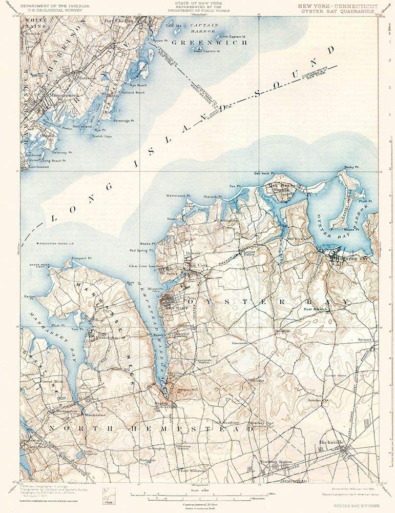 Vintage 1900 USGS Oyster Bay New York Connecticut Quad Map Poster Print - 24x36 Inch Multicolor Wall Art for Home, Office & Classroom Decor | Historical Map Collection
