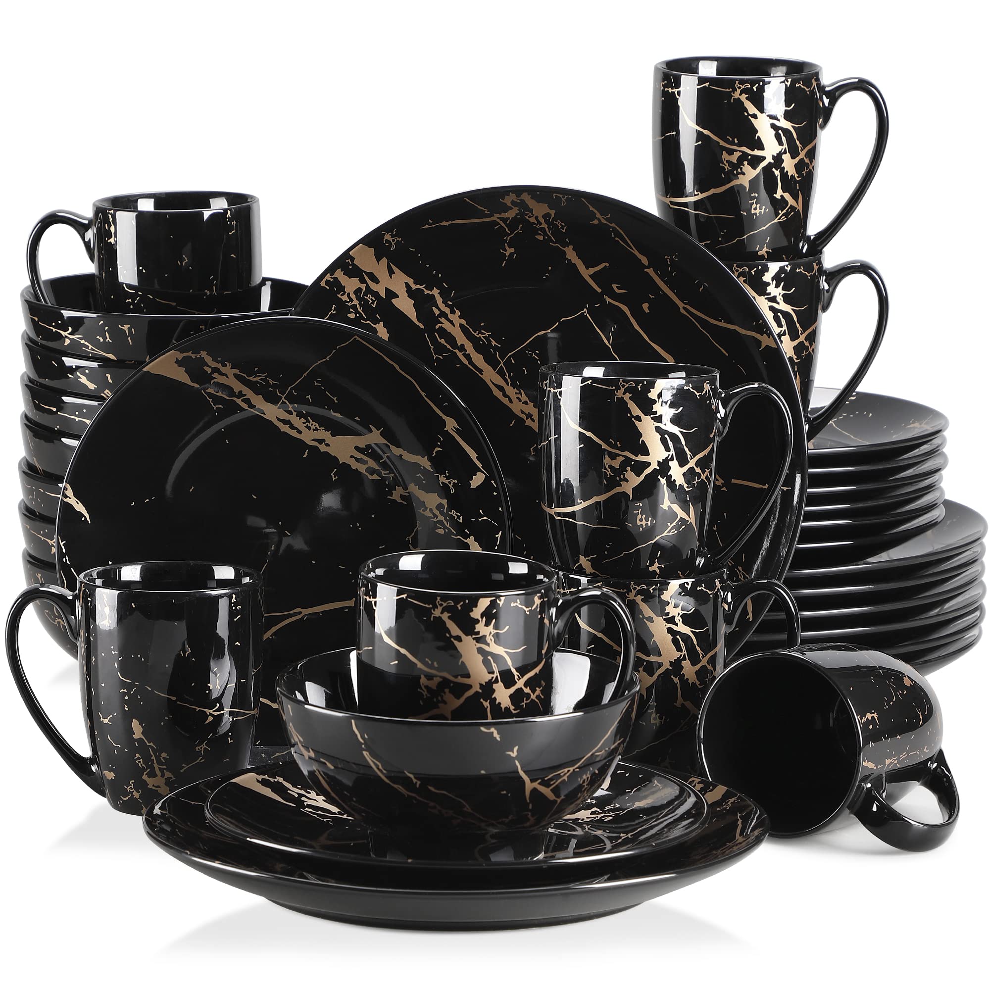 LOVECASA 32-Piece Black Porcelain Dinnerware Set for 8 - Gold Splash Glaze Round Plates, Bowls & Mugs - Modern Dish Set - Dishwasher & Microwave Safe - Perfect for Family Dinners, Dinner Parties & Restaurant-Style Dining