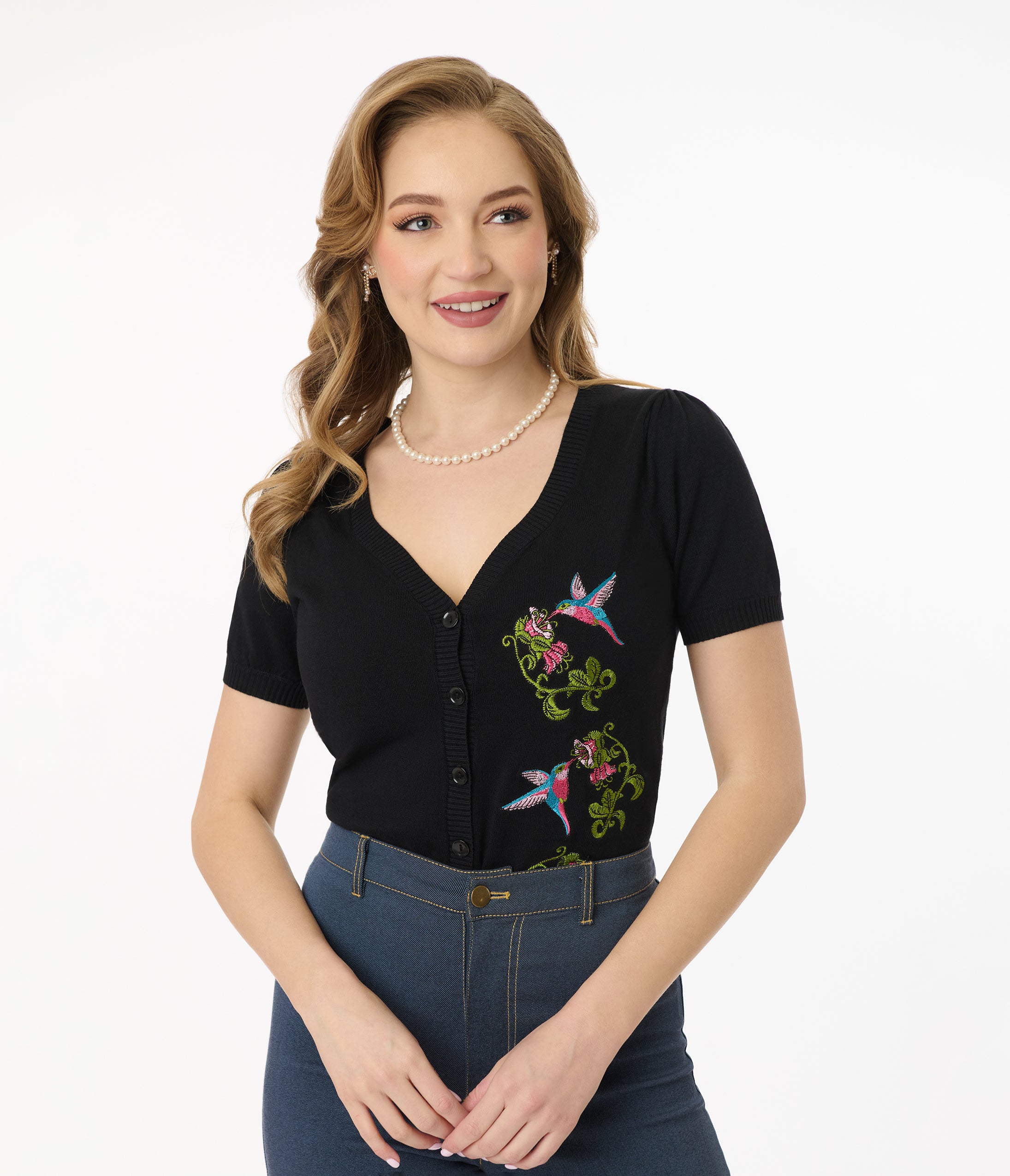 Vintage 1950s Black Hummingbird Embroidered Cardigan Sweater - Retro Women's Knitwear for Casual Outfits & Tea Parties