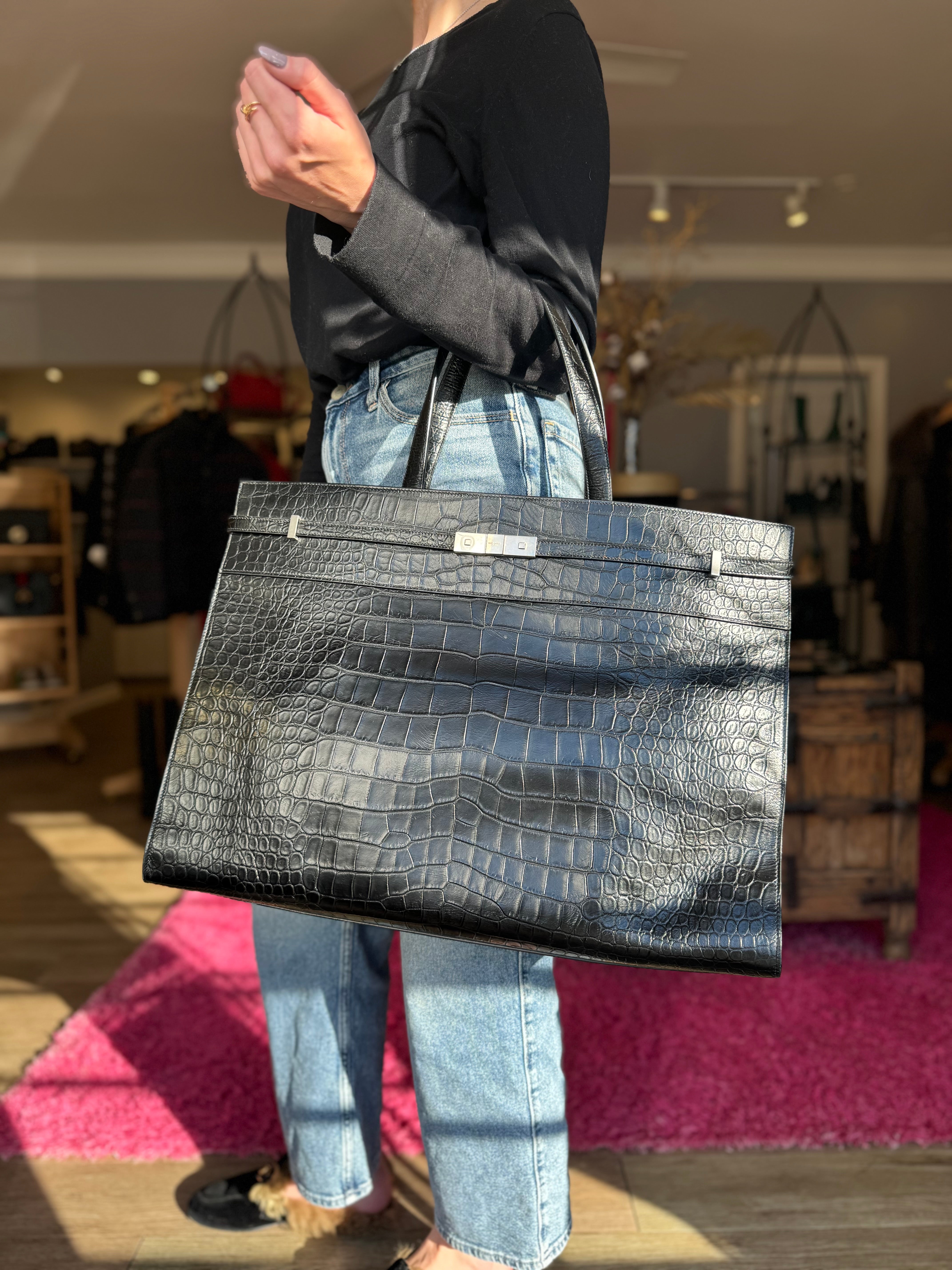 SAINT LAURENT Manhattan Crocodile Embossed Leather Large Travel Bag Satchel for Women - Perfect for Business Trips, Weekend Getaways & Luxury Travel Accessories