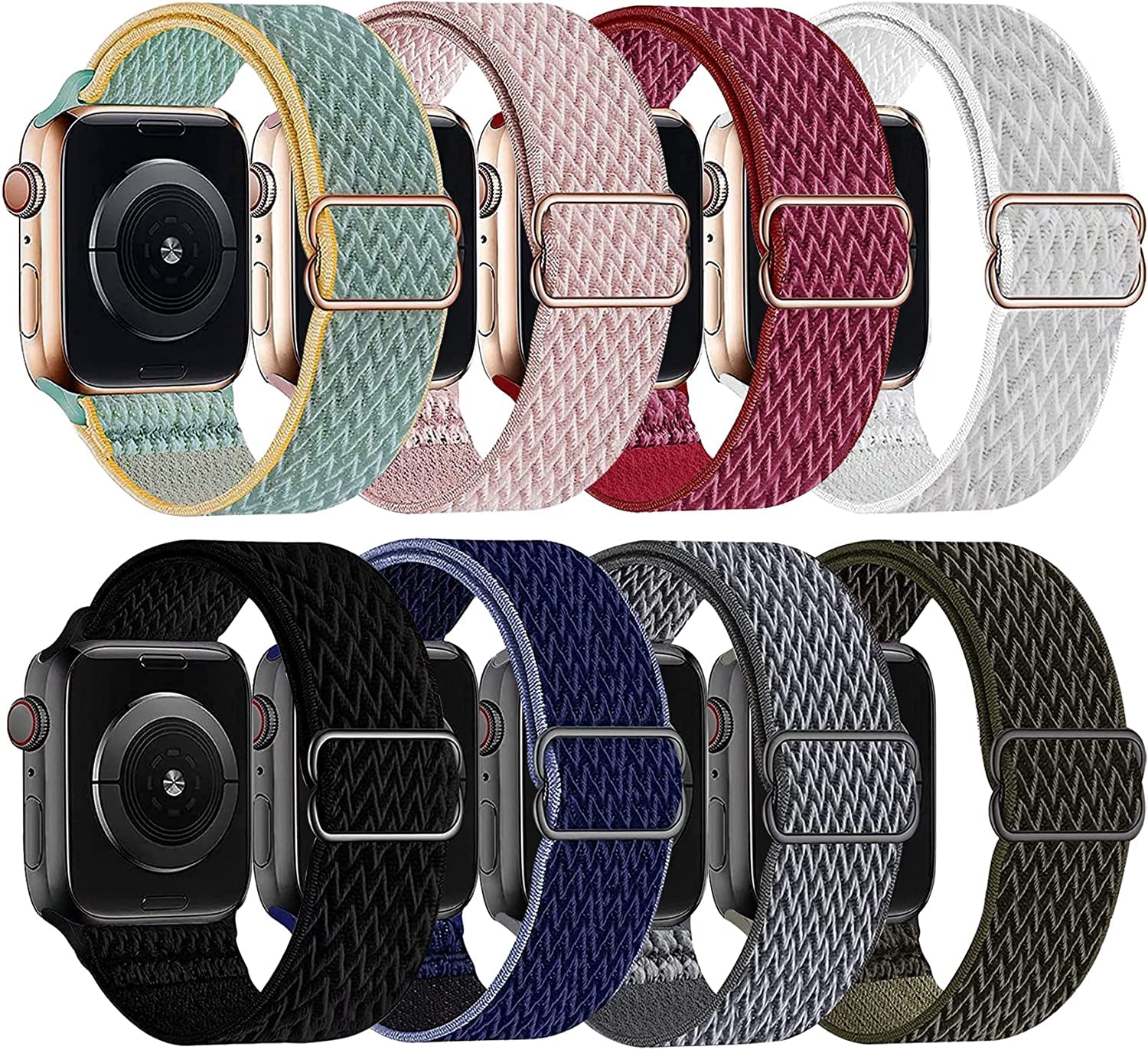 Mocodi 8 Pack Stretchy Solo Loop Bands for Apple Watch 38mm 40mm 41mm 42mm 44mm 45mm - Soft Nylon Elastic Braided Replacement Straps Compatible with iWatch SE Series 8/7/6/5/4/3/2/1 - Perfect for Workout, Running, Swimming & Everyday Wear