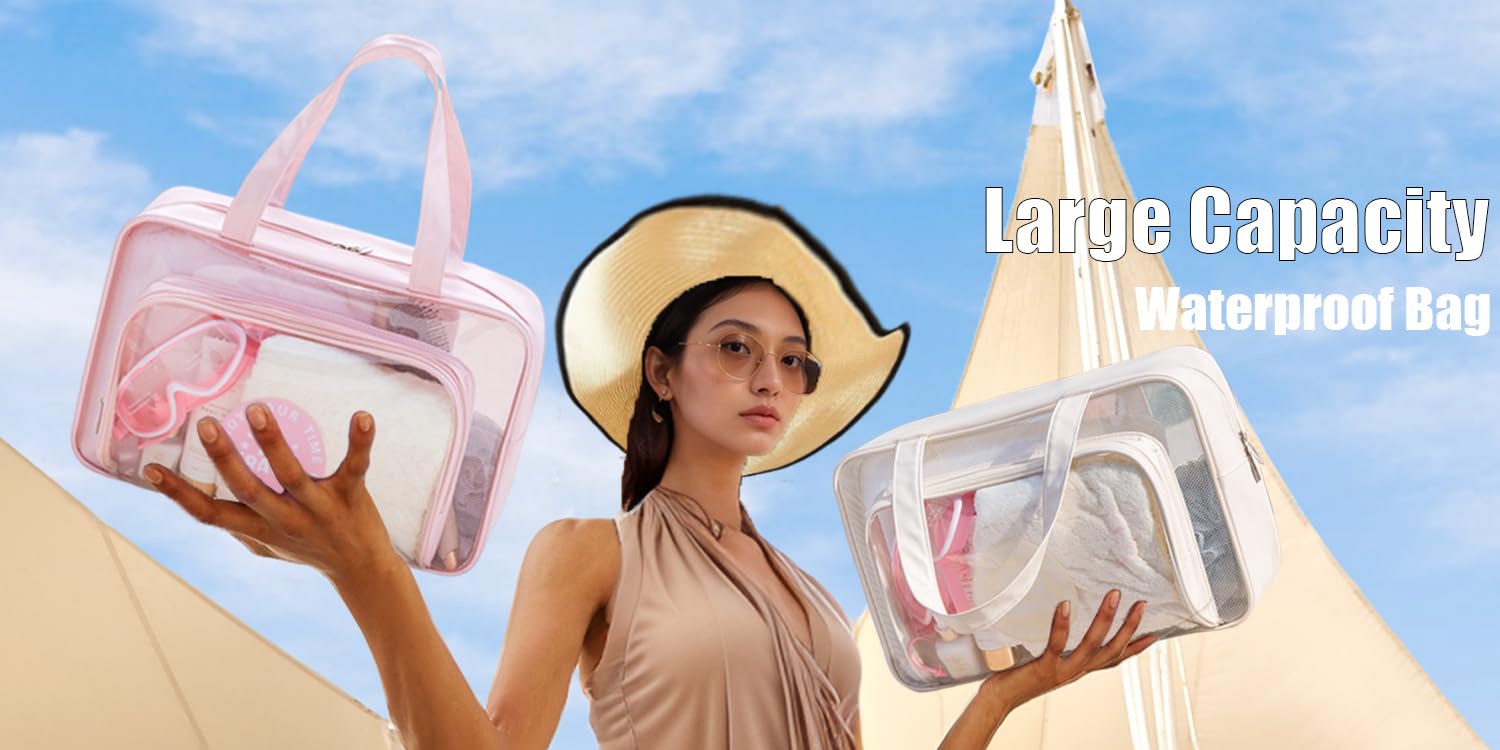 GRINKO Large Clear Travel Toiletry Bag for Women - Waterproof Makeup Organizer with Extra Zipper Pockets, Pink Cosmetic Pouch for Shower, Beach & Airplane Essentials | Perfect for Vacation, Gym & Daily Use