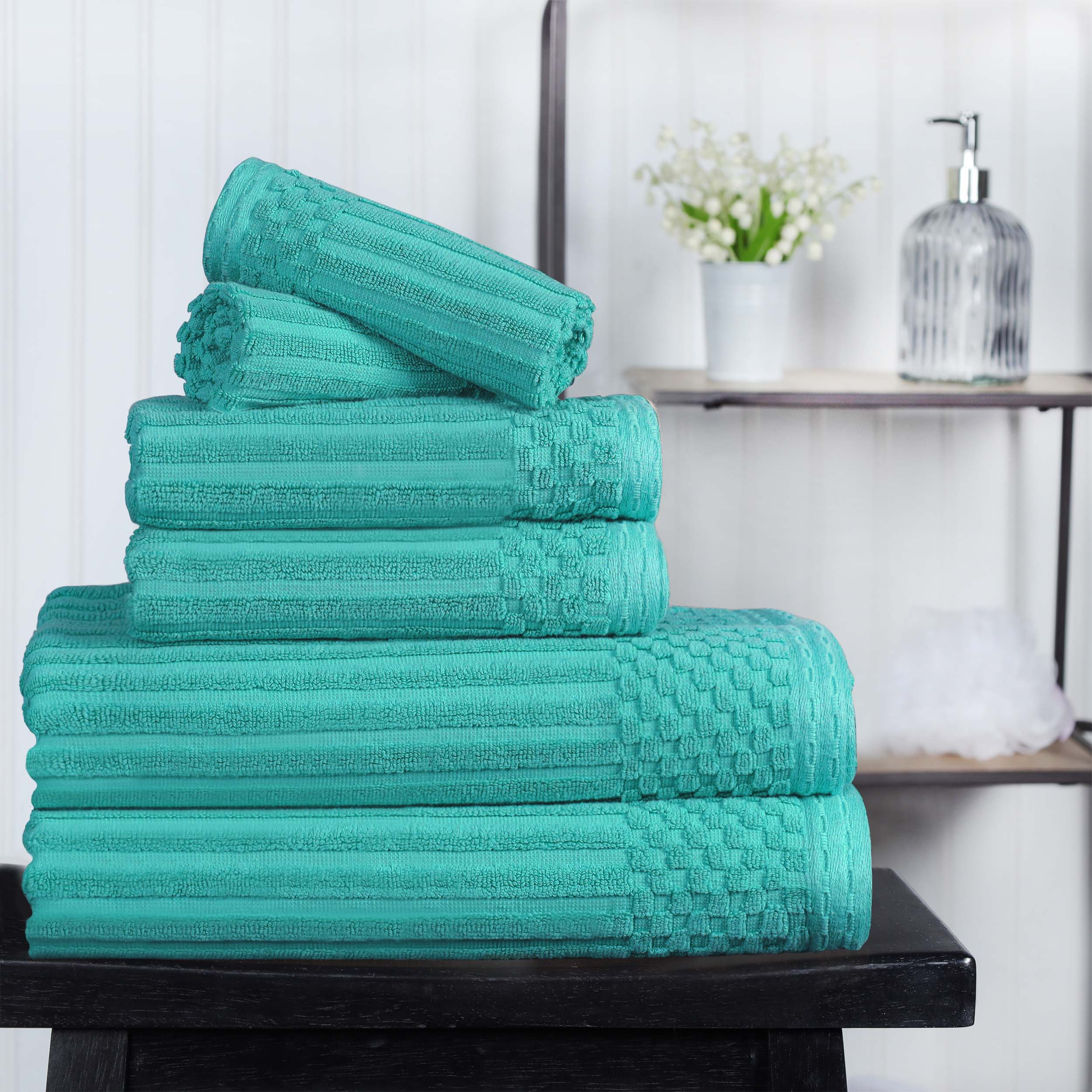 Premium 6-Piece Cotton Ribbed Textured Towel Set - Medium Weight, Soft & Absorbent Bath Towels for Spa, Gym, and Everyday Use