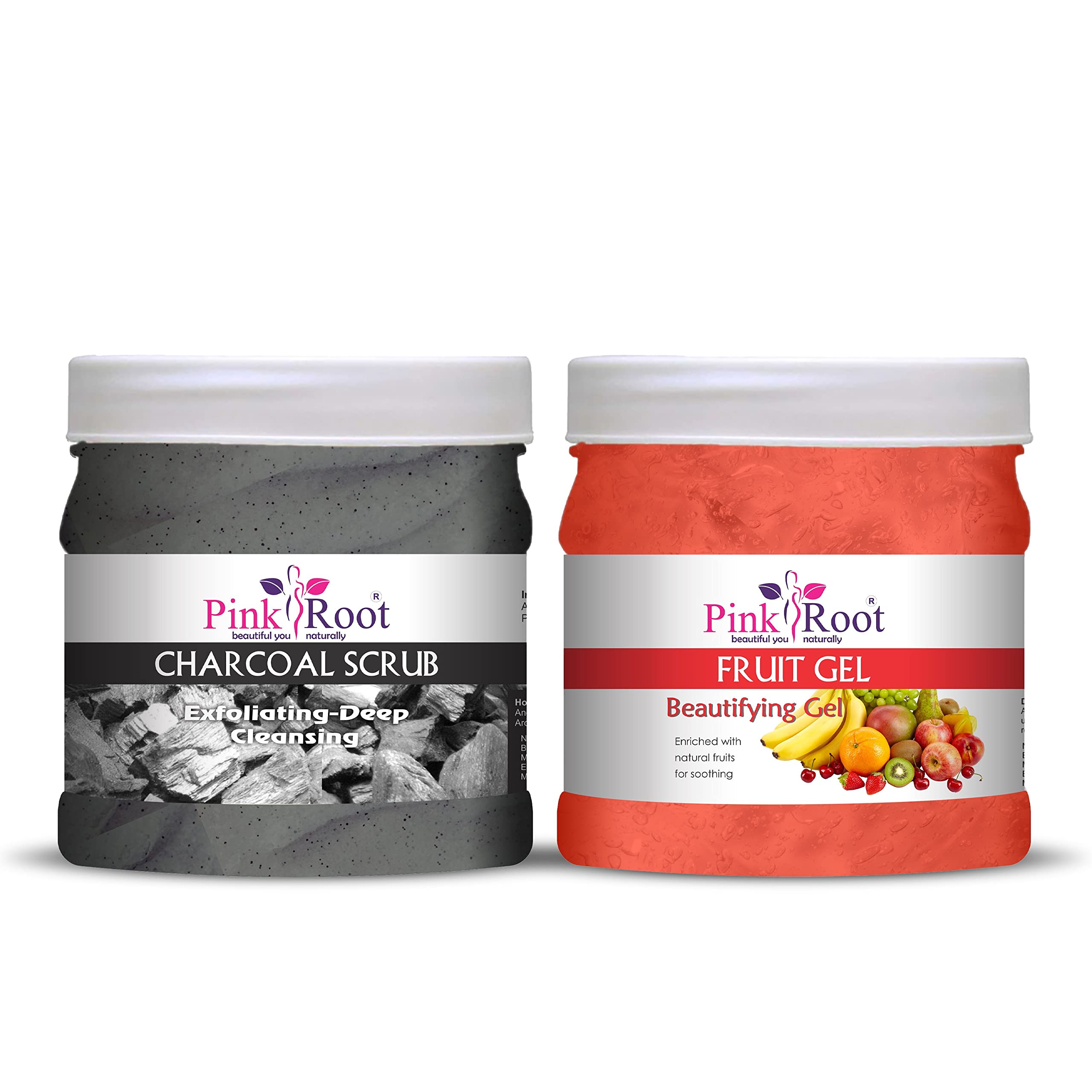 Natural Pink Root Charcoal Scrub & Fruit Gel Set - 500gm Each for Deep Cleansing & Exfoliation - Organic Skincare for Face & Body - Perfect for Spa Days & Acne Treatment