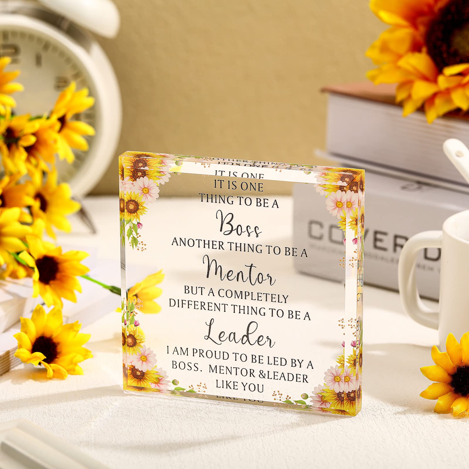 Blulu Acrylic Boss Gift Set - Leadership Appreciation Present for Women & Men, Office Desk Decor, Birthday & Going Away Gift (Sunflower Design) - Perfect for Boss Day, Retirement & Workplace Celebrations
