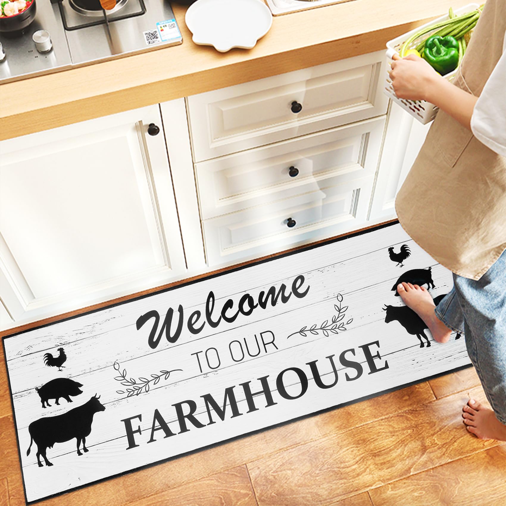 2 Pcs Washable Non-Slip Kitchen Rugs Set - Cushioned Farmhouse Mats for Floor, Sink, Bathroom, Home Decor - Perfect for Kitchen Runner & Standing Comfort