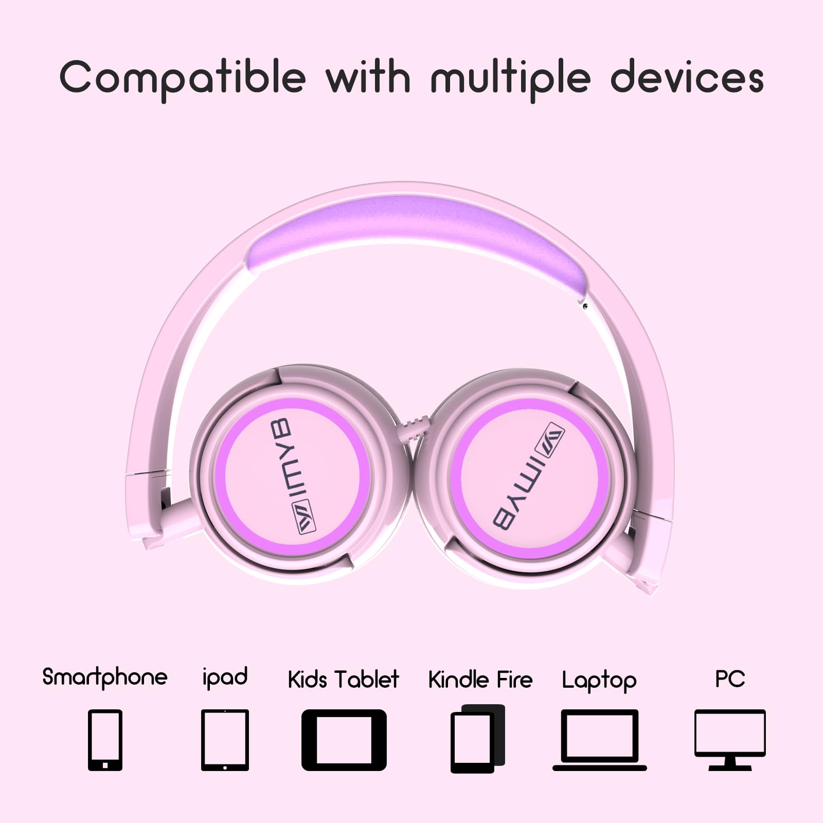 **V1 Kids Wired Headphones - Stereo Sound, Foldable & Tangle-Free 3.5mm On-Ear Headphones for School, Travel, Plane - Adjustable for Toddlers, Children, Teens, Boys & Girls - Compatible with iPad, Tablet, Kindle & Phones (Pink) - Perfect for Learning, Entertainment & Travel**